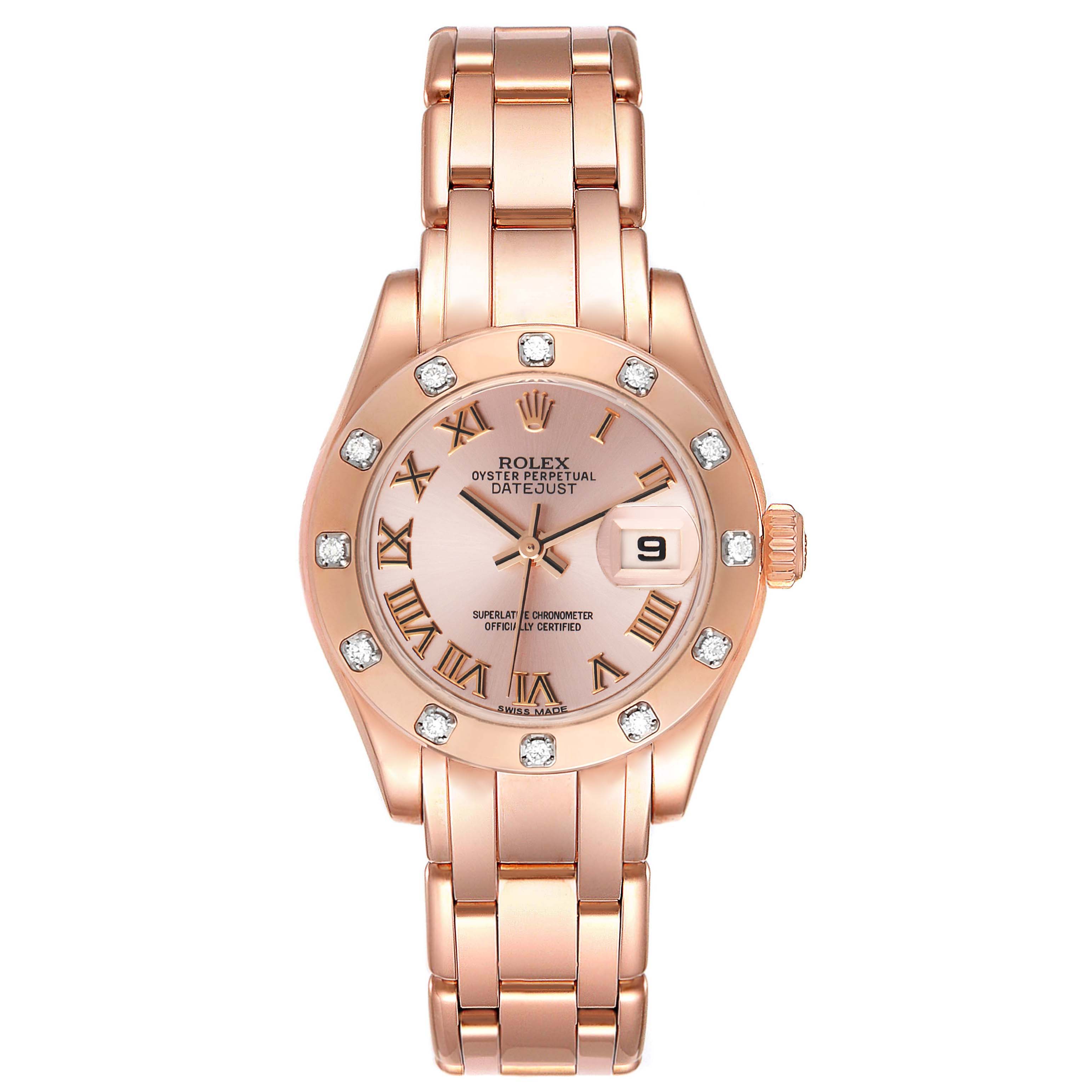 The image shows a front view of a Rolex Pearlmaster 80315 Women's Rose Gold Pink Dial 80315 Women's Rose Gold Pink Dial watch, highlighting its face, bezel, and bracelet.