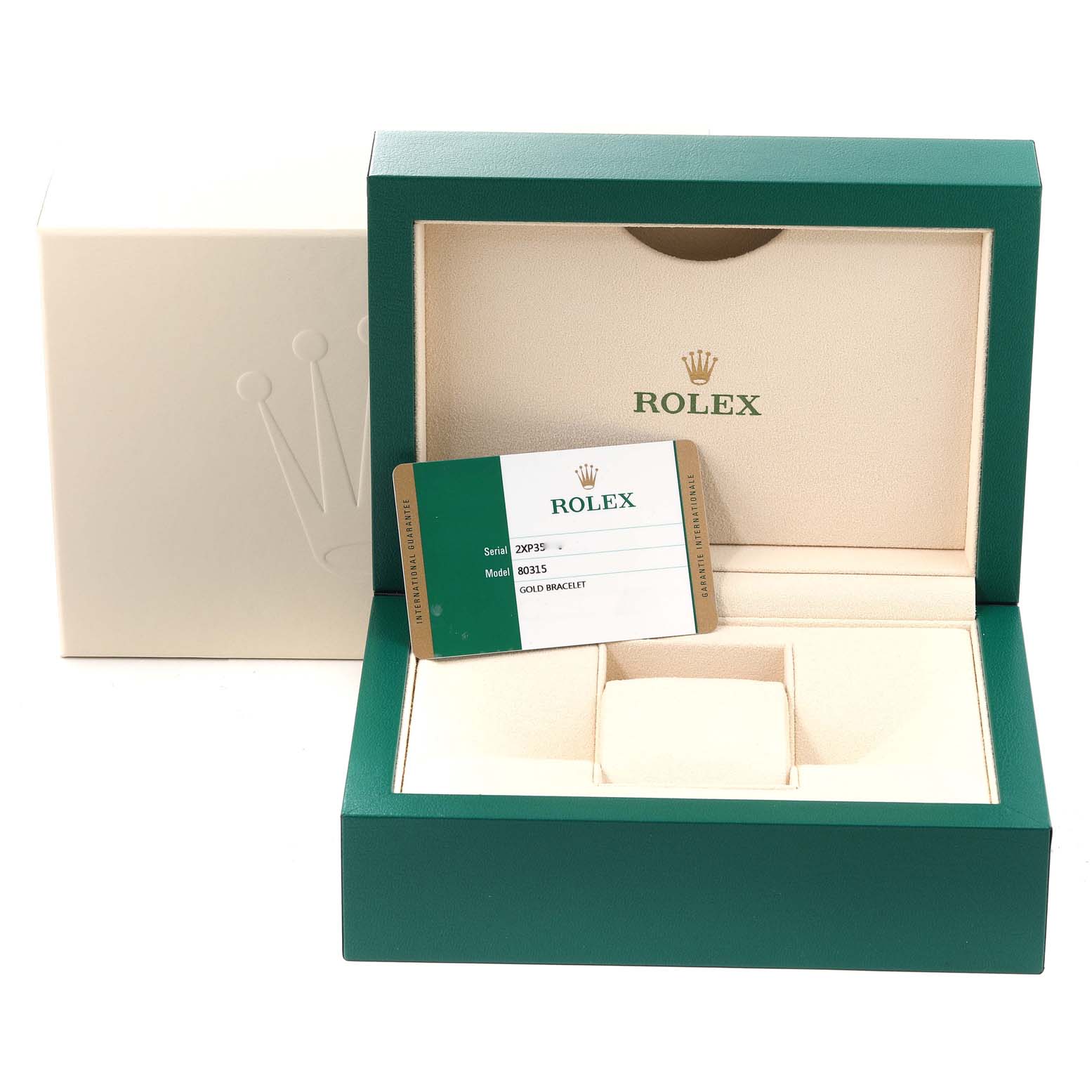 This image shows the packaging and warranty card for a Rolex Pearlmaster 80315 Women's Rose Gold Pink Dial 80315 Women's Rose Gold Pink Dial watch.