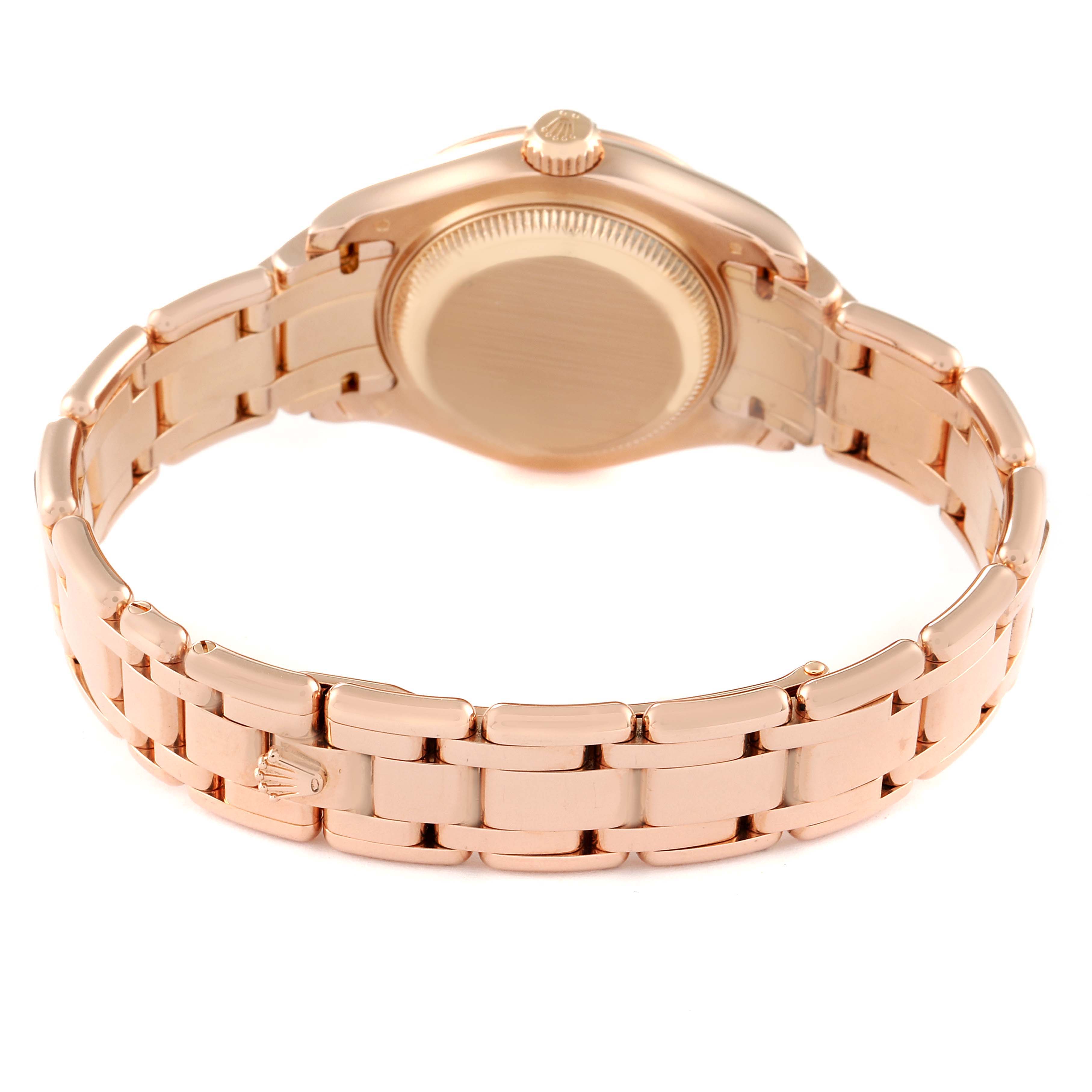 The image shows the back case and bracelet of a Rolex Pearlmaster 80315 Women's Rose Gold Pink Dial 80315 Women's Rose Gold Pink Dial watch, viewed from the underside.