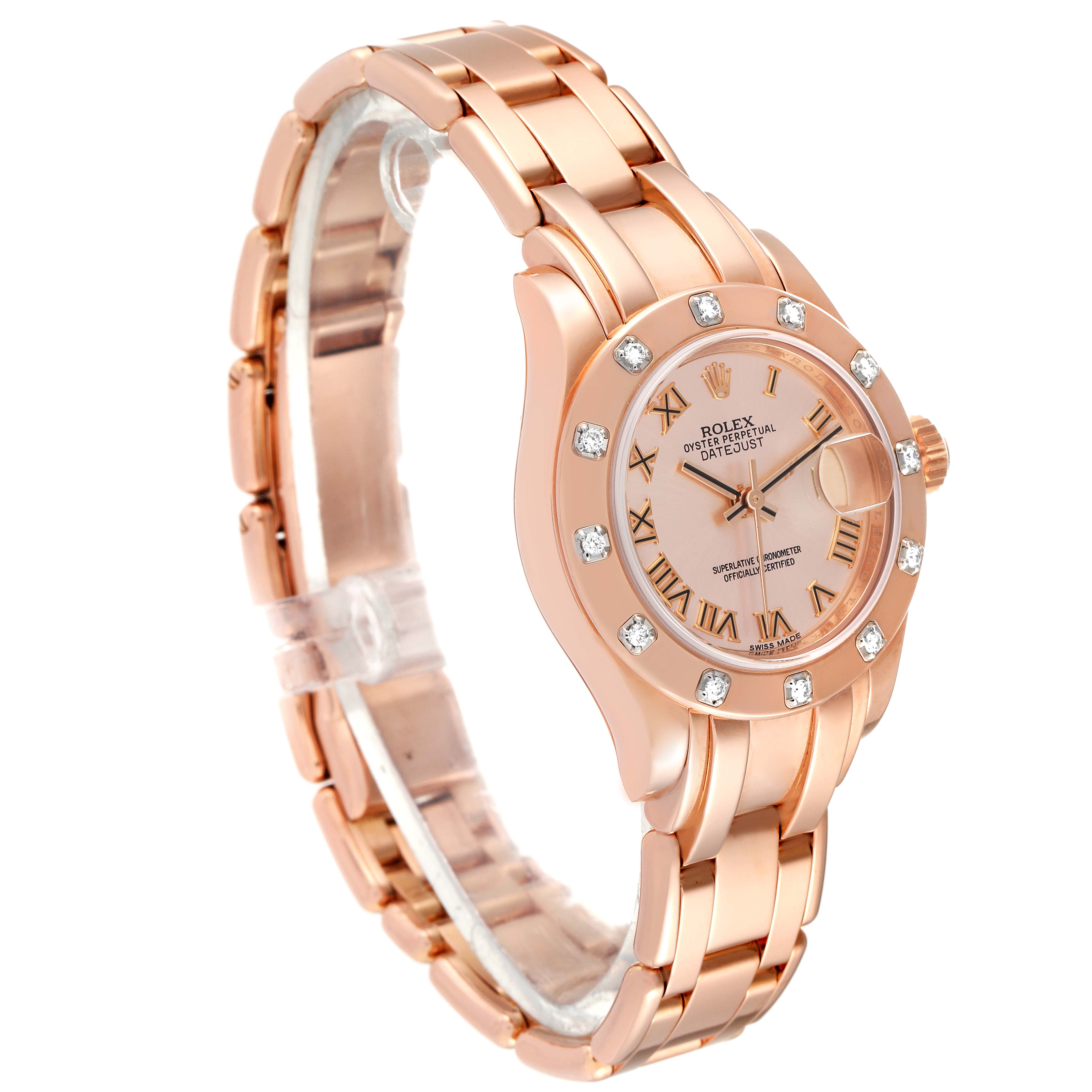 This Rolex Pearlmaster 80315 Women's Rose Gold Pink Dial 80315 Women's Rose Gold Pink Dial watch is shown from a 3/4 angle, highlighting the bracelet, bezel with diamonds, and the dial with Roman numerals.