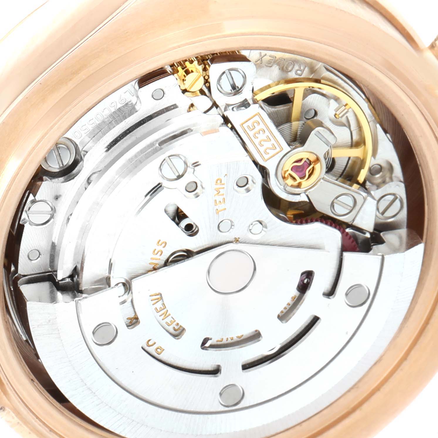 This image shows a close-up view of the internal movement mechanism of a Rolex Pearlmaster 80315 Women's Rose Gold Pink Dial 80315 Women's Rose Gold Pink Dial watch.