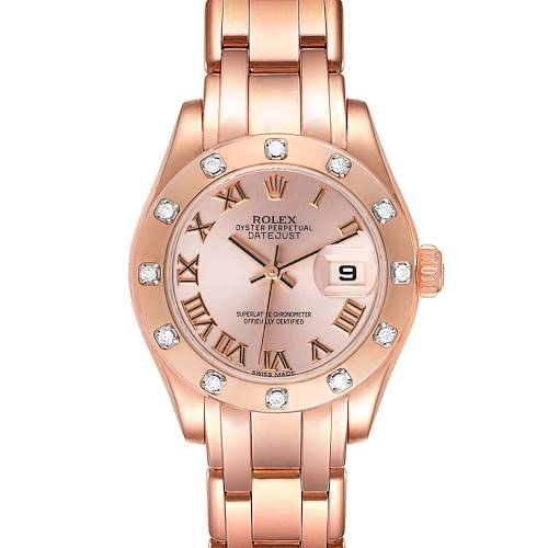 Photo of Rolex Pearlmaster Rose Gold Rose Roman Dial Diamond Ladies Watch 80315 Box Card