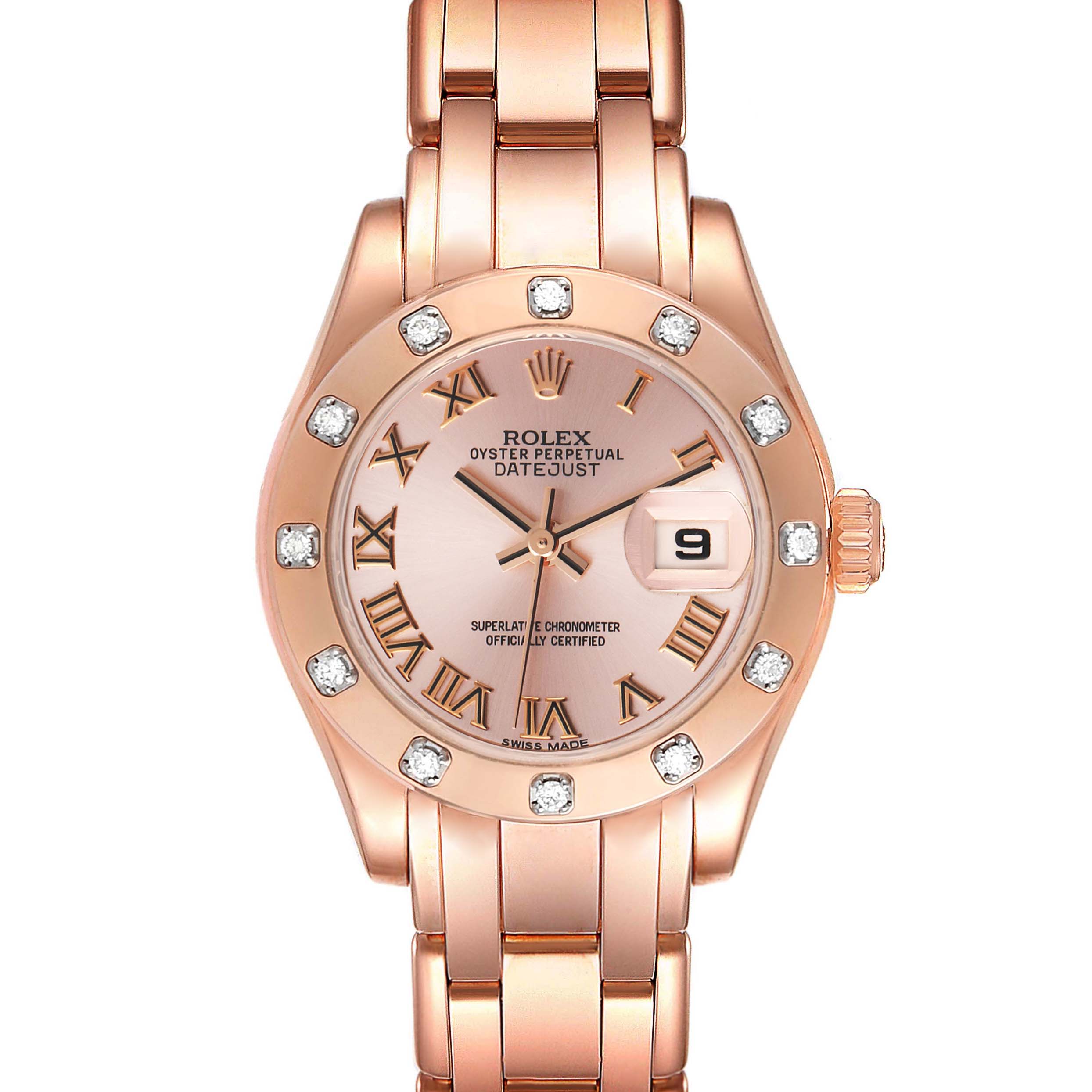 The image shows a front view of the Rolex Pearlmaster 80315 Women's Rose Gold Pink Dial 80315 Women's Rose Gold Pink Dial watch, highlighting its bezel, dial, date window, hands, and bracelet.