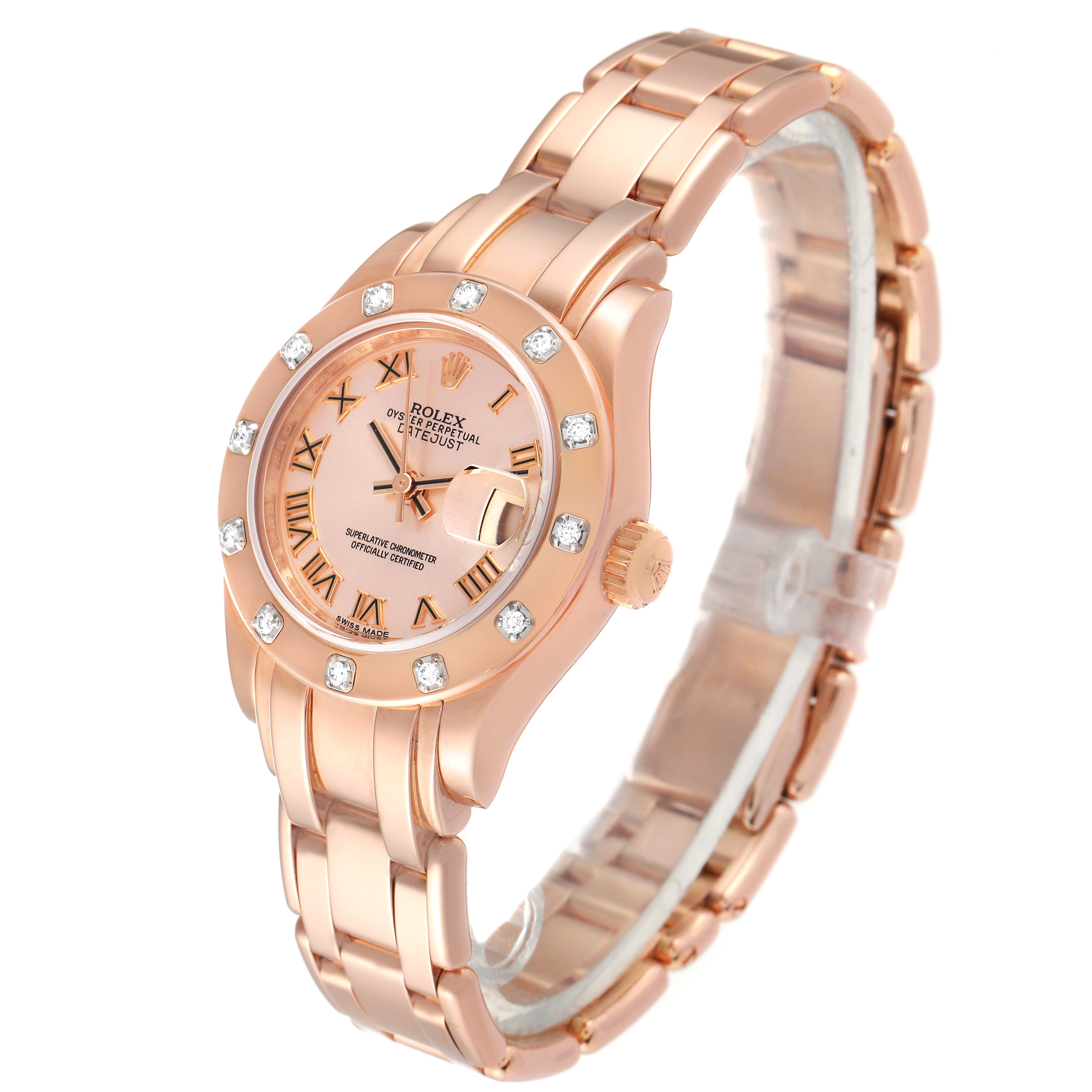 The Rolex Pearlmaster 80315 Women's Rose Gold Pink Dial 80315 Women's Rose Gold Pink Dial watch is shown at a three-quarter angle, highlighting its face, bezel, crown, and bracelet.