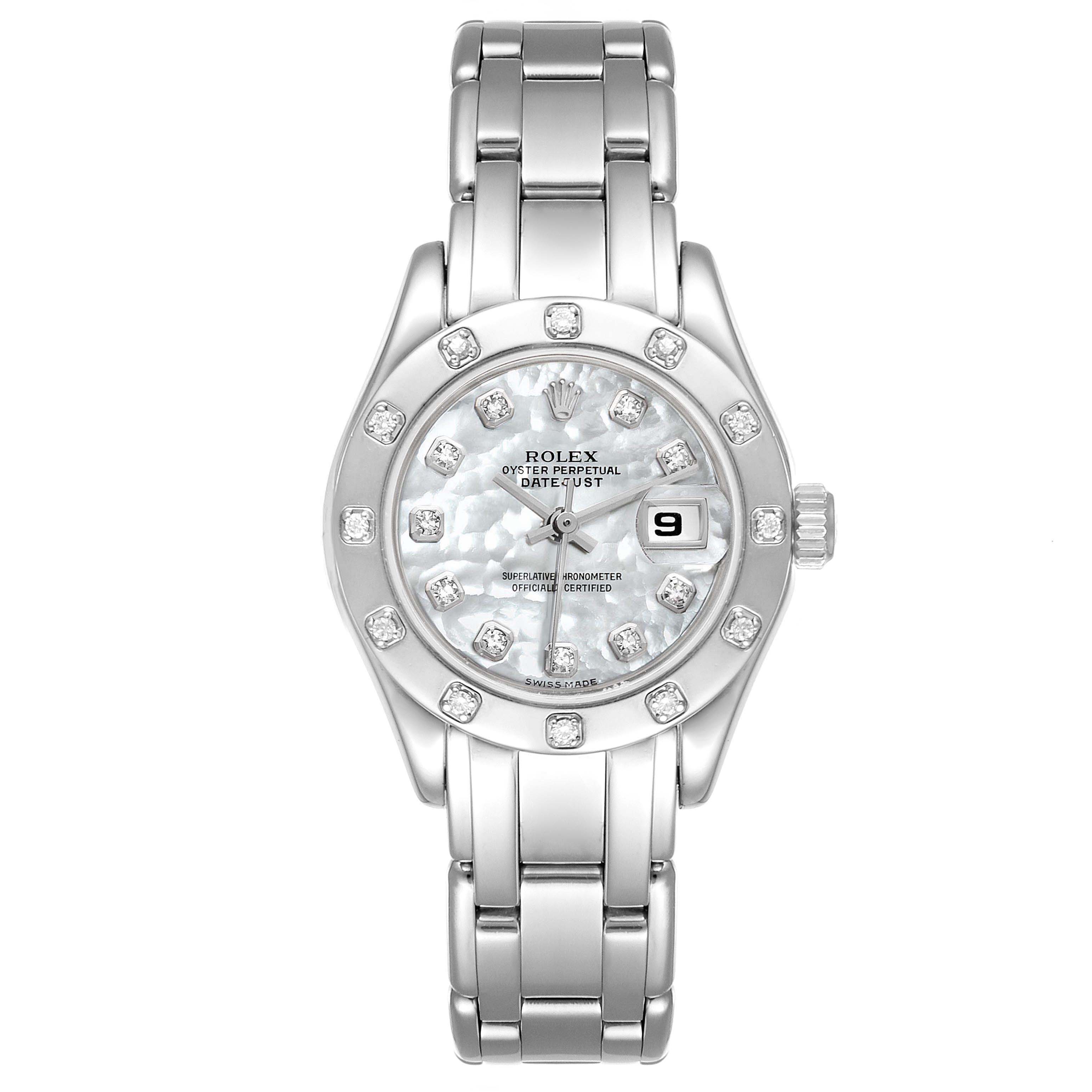 This image shows a front view of the Rolex Pearlmaster 69319 Women's White Gold Mother of Pearl Dial 69319 Women's White Gold Mother of Pearl Dial watch, showcasing its face, bezel, crown, and bracelet.