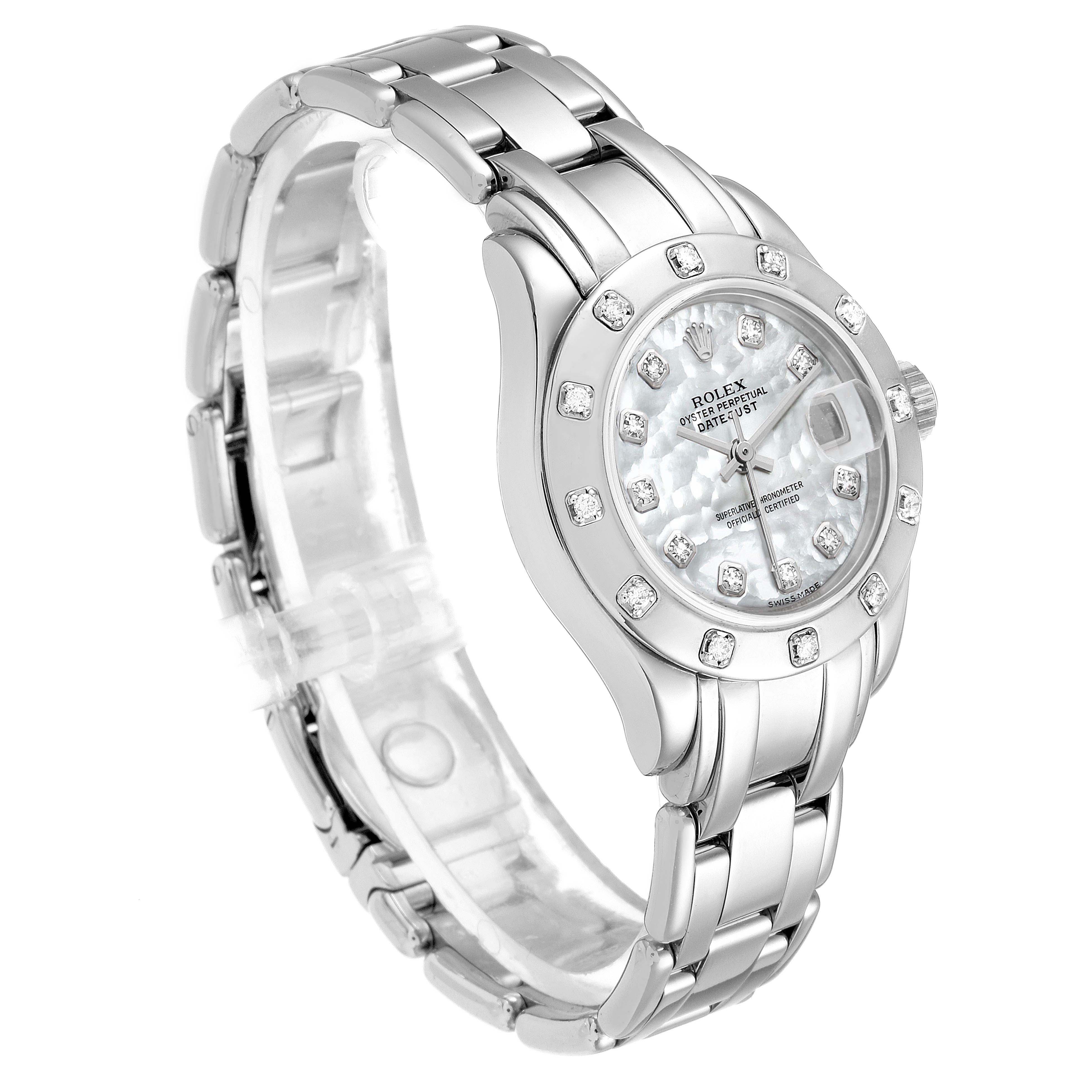 The image shows a Rolex Pearlmaster 69319 Women's White Gold Mother of Pearl Dial 69319 Women's White Gold Mother of Pearl Dial watch from an angled front view, highlighting its bracelet, bezel, and dial.