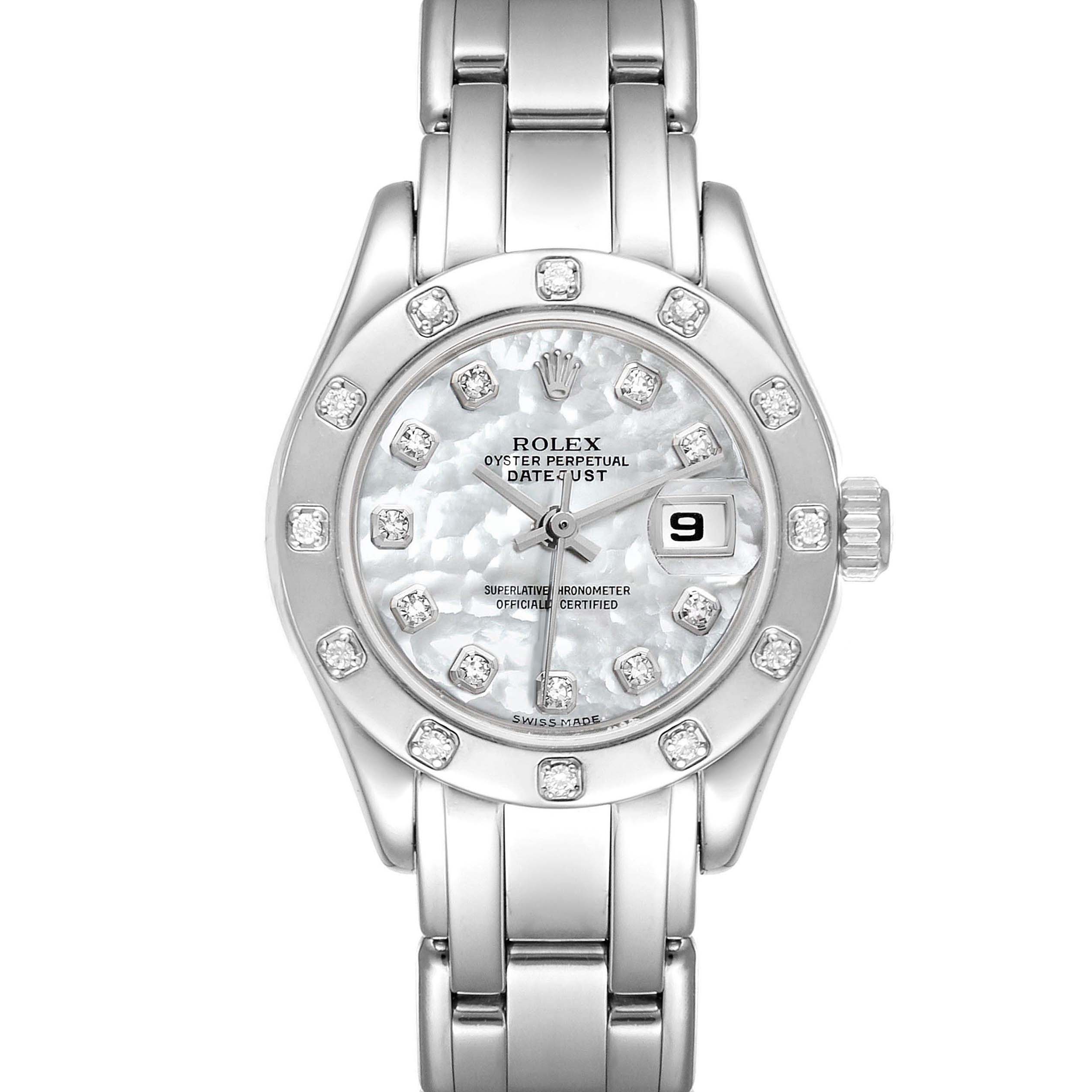 This image shows the front view of a Rolex Pearlmaster 69319 Women's White Gold Mother of Pearl Dial 69319 Women's White Gold Mother of Pearl Dial watch, highlighting its dial, bezel, and bracelet.