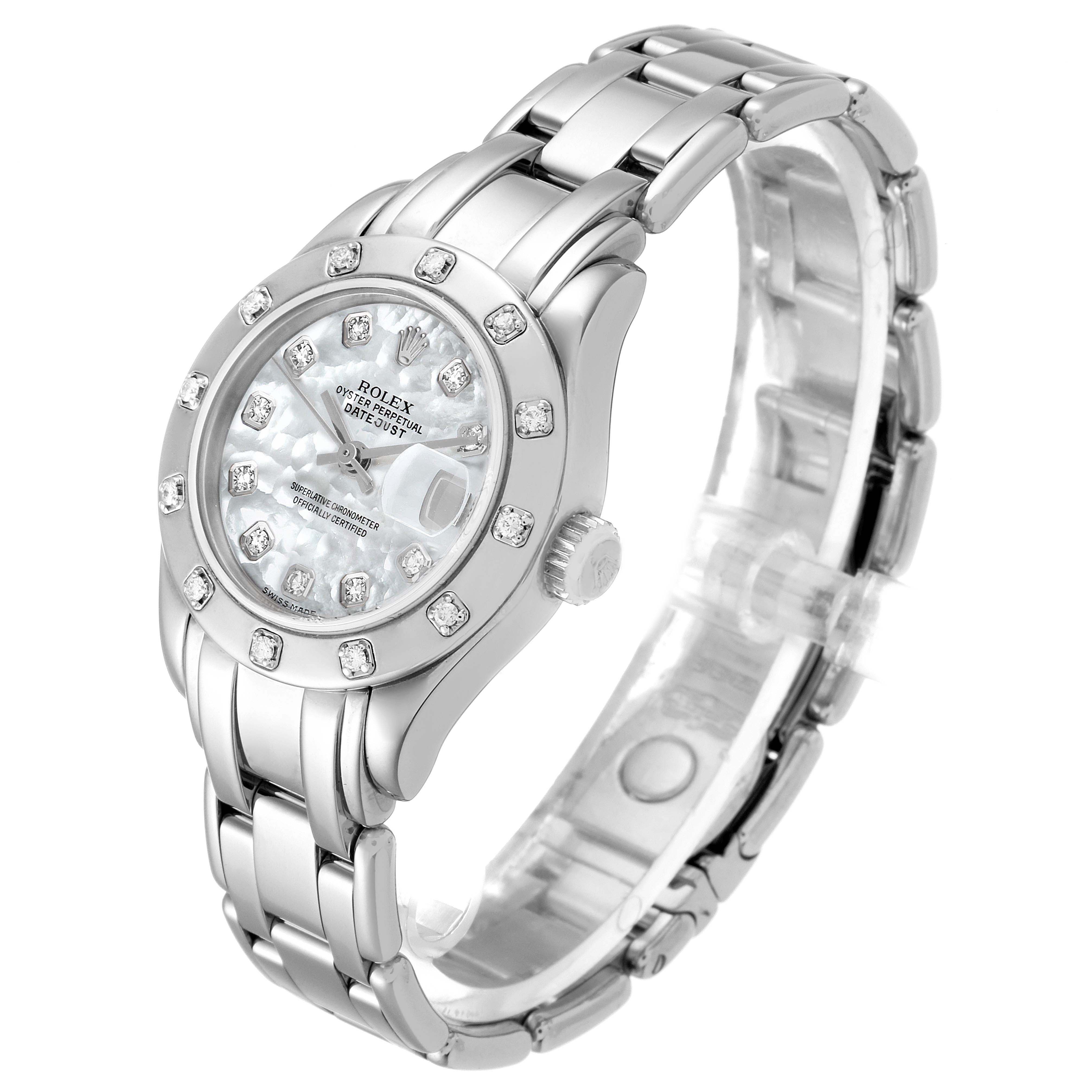 The image shows a Rolex Pearlmaster 69319 Women's White Gold Mother of Pearl Dial 69319 Women's White Gold Mother of Pearl Dial watch at a three-quarter angle, highlighting its face, bezel, and bracelet.