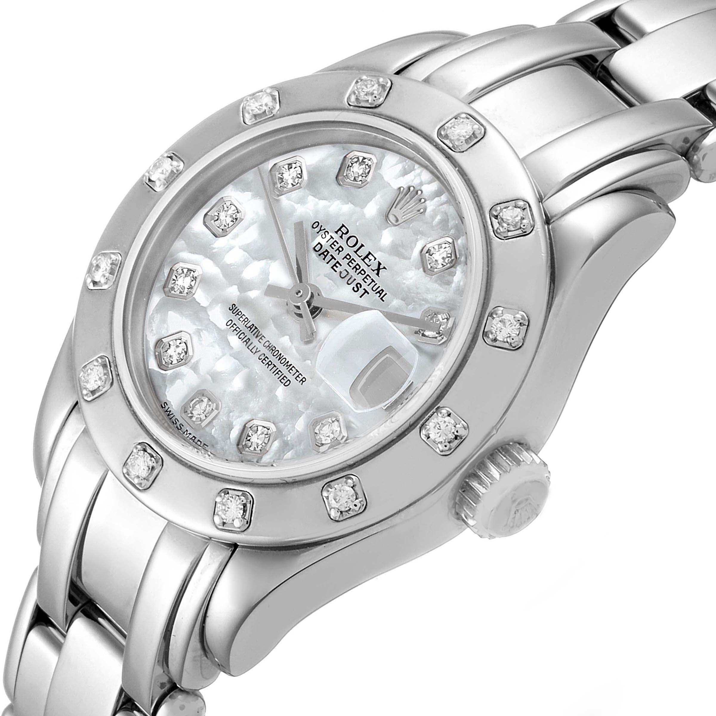 The angled image shows the dial, bezel, crown, and part of the bracelet of the Rolex Pearlmaster 69319 Women's White Gold Mother of Pearl Dial 69319 Women's White Gold Mother of Pearl Dial watch.