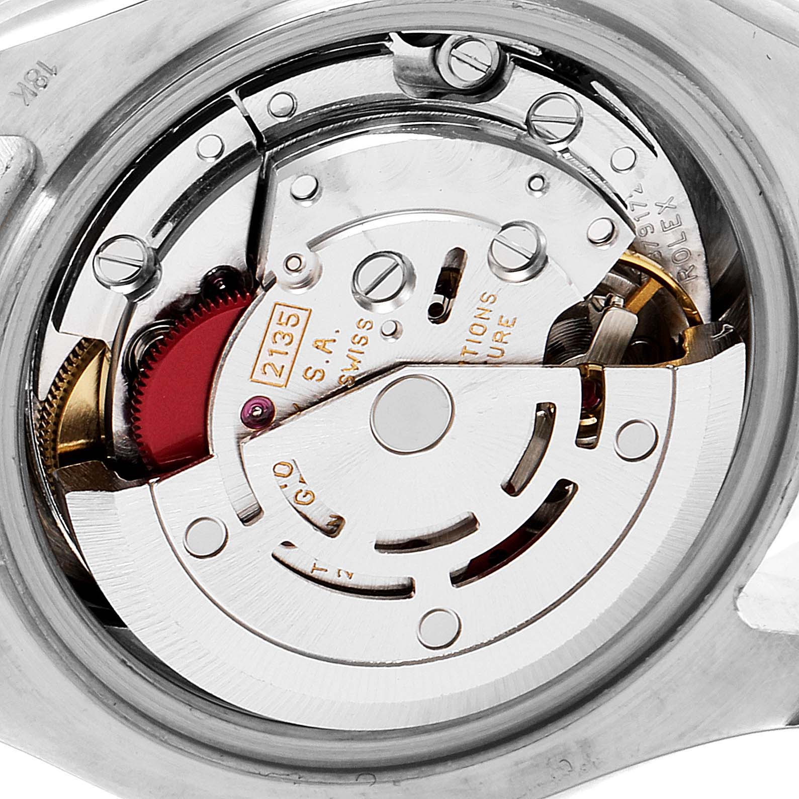 This image shows the inner mechanical movement of the Rolex Pearlmaster 69359 Women's White Gold Mother of Pearl Dial 69359 Women's White Gold Mother of Pearl Dial watch from a close-up angle.