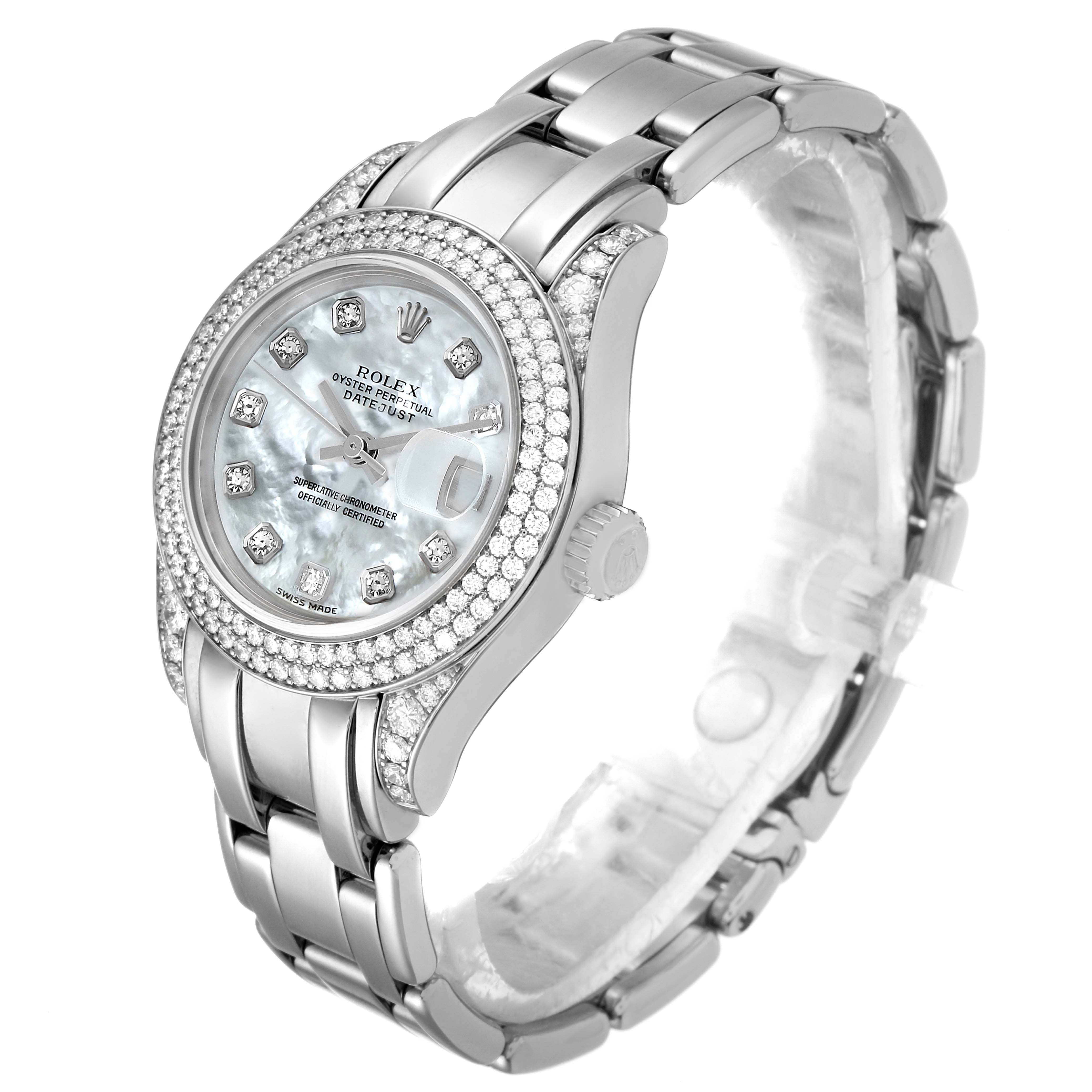 The Rolex Pearlmaster 69359 Women's White Gold Mother of Pearl Dial 69359 Women's White Gold Mother of Pearl Dial watch is shown at a three-quarter angle, displaying the face, bezel, crown, and part of the bracelet.