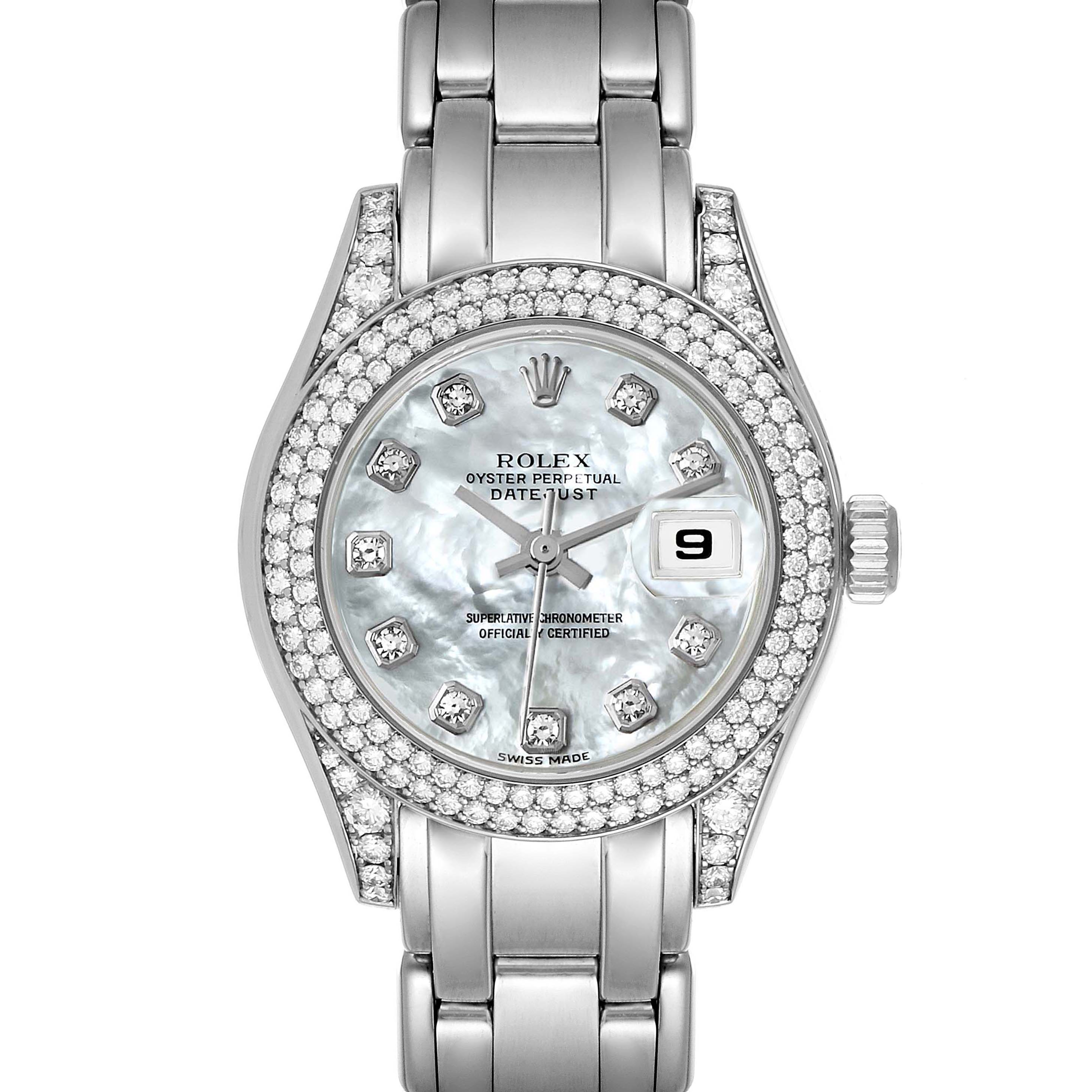 This image shows a front view of a Rolex Pearlmaster 69359 Women's White Gold Mother of Pearl Dial 69359 Women's White Gold Mother of Pearl Dial watch, highlighting the dial, bezel, and bracelet.