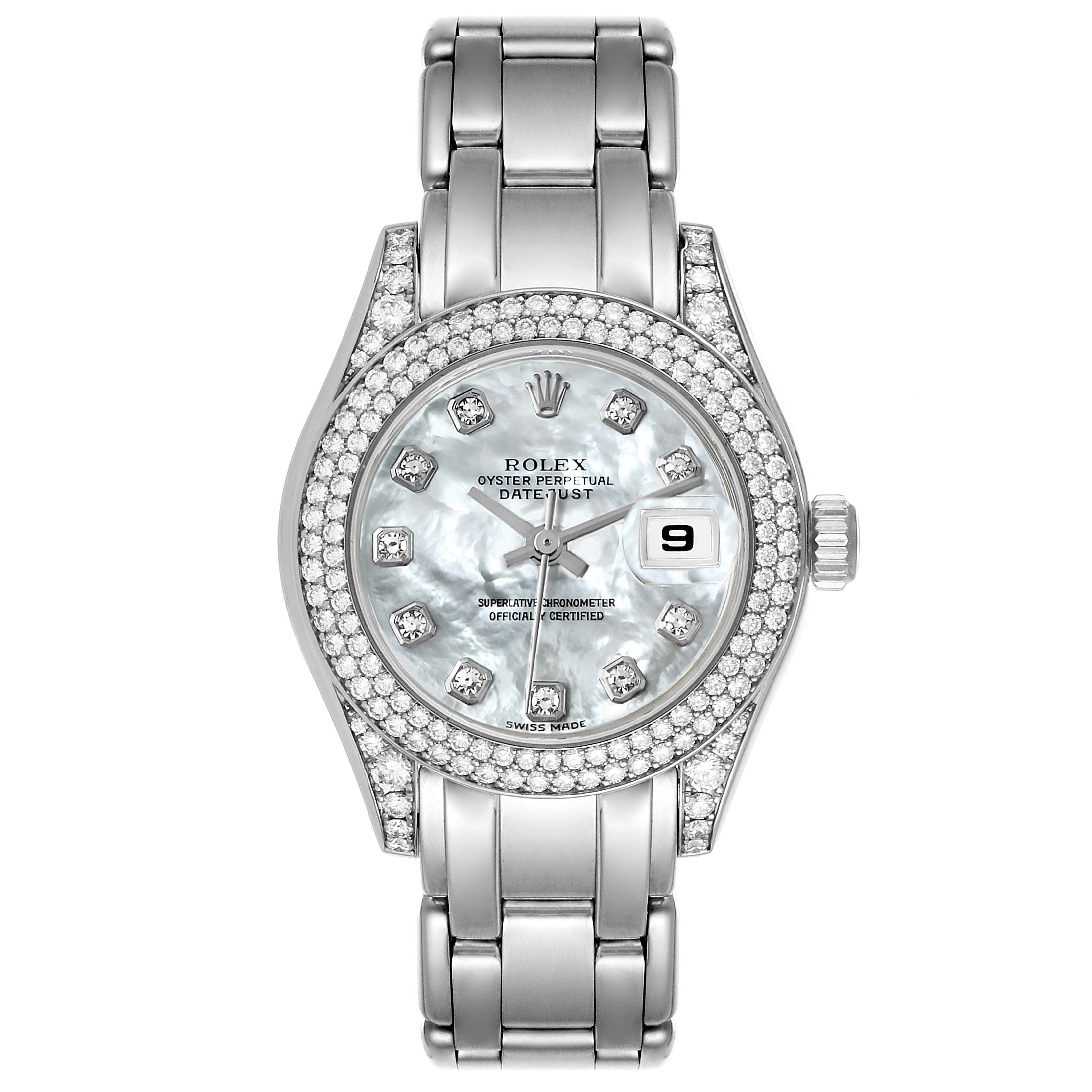 This image shows a close-up, frontal view of a Rolex Pearlmaster 69359 Women's White Gold Mother of Pearl Dial 69359 Women's White Gold Mother of Pearl Dial watch, highlighting the face, dial, and bracelet.