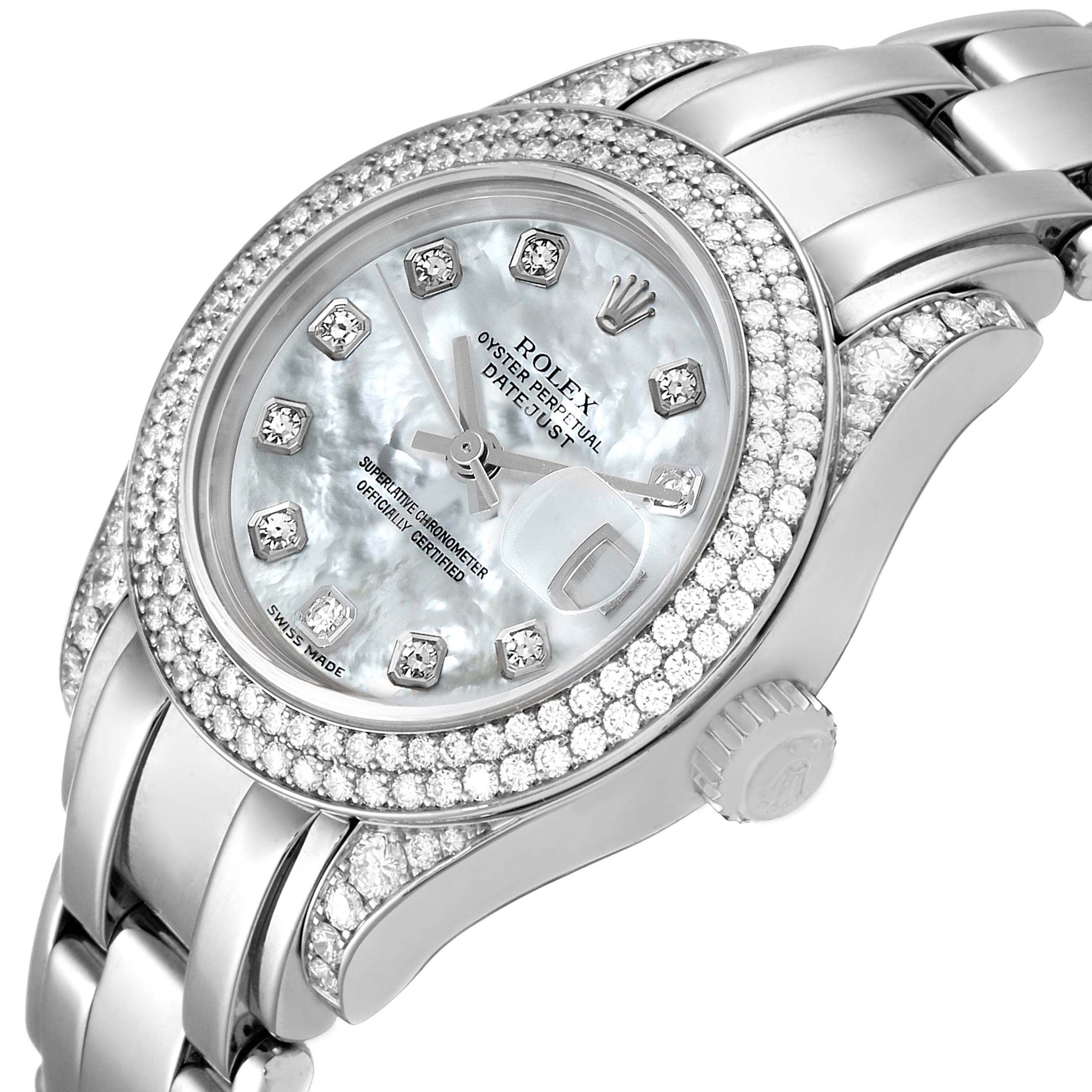 The image shows a close-up angle of a Rolex Pearlmaster 69359 Women's White Gold Mother of Pearl Dial 69359 Women's White Gold Mother of Pearl Dial watch, highlighting its dial, bezel, and part of the bracelet.