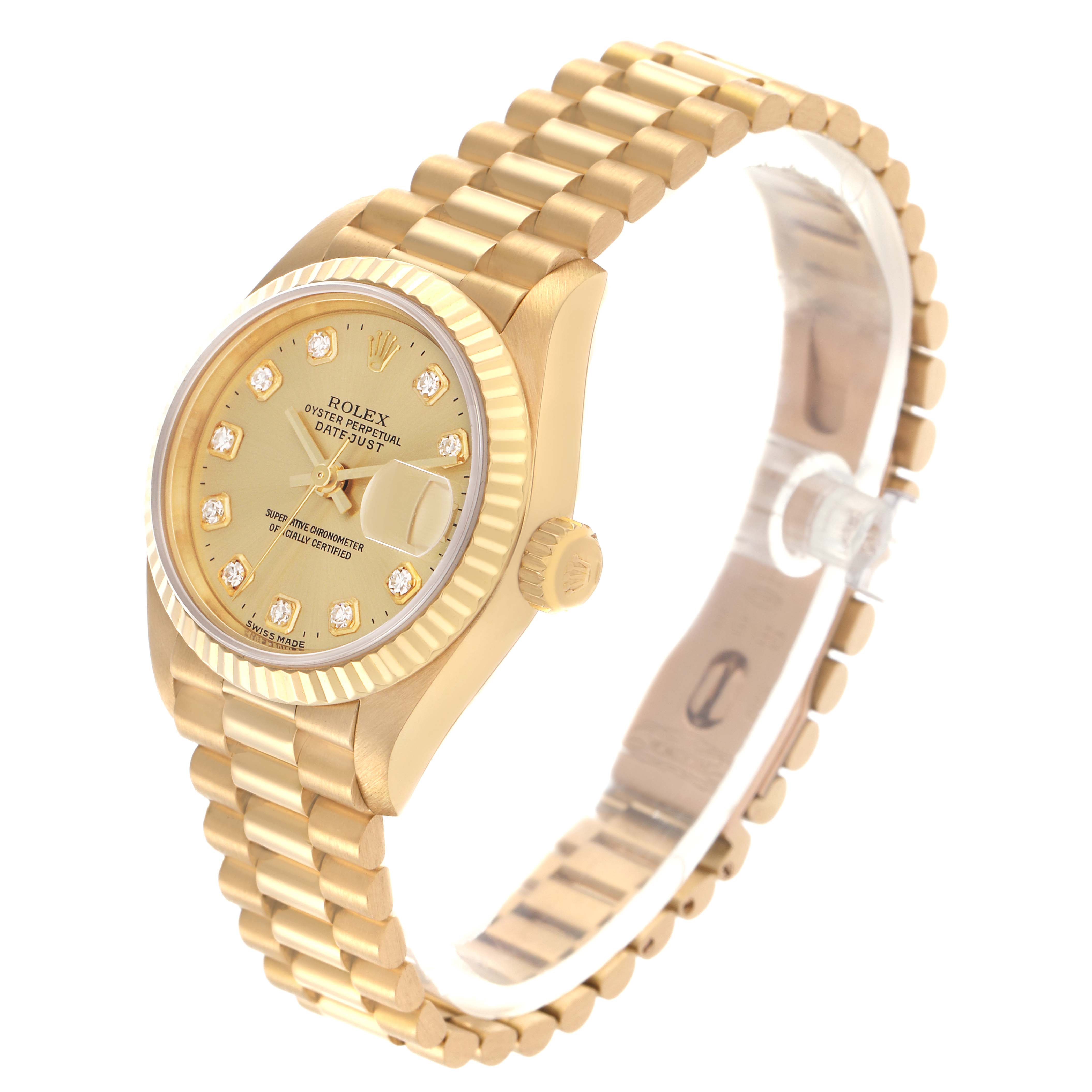 The Rolex President 69178 Women's Yellow Gold Champagne Dial 69178 Women's Yellow Gold Champagne Dial model watch is shown at a slight angle, highlighting the dial, bracelet, and bezel details.