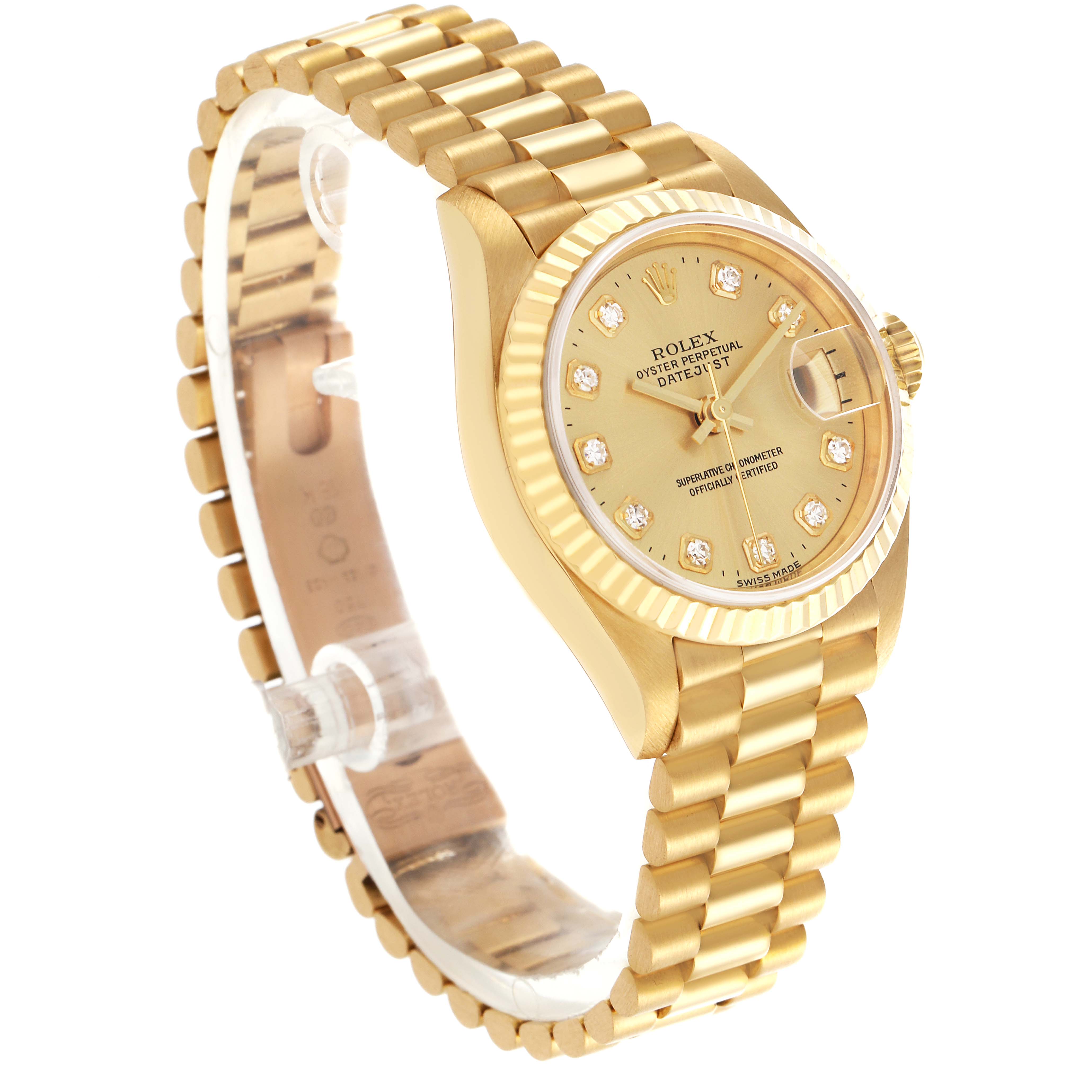 The Rolex President 69178 Women's Yellow Gold Champagne Dial 69178 Women's Yellow Gold Champagne Dial watch is shown from a three-quarter angle, highlighting the dial, fluted bezel, and presidential bracelet.