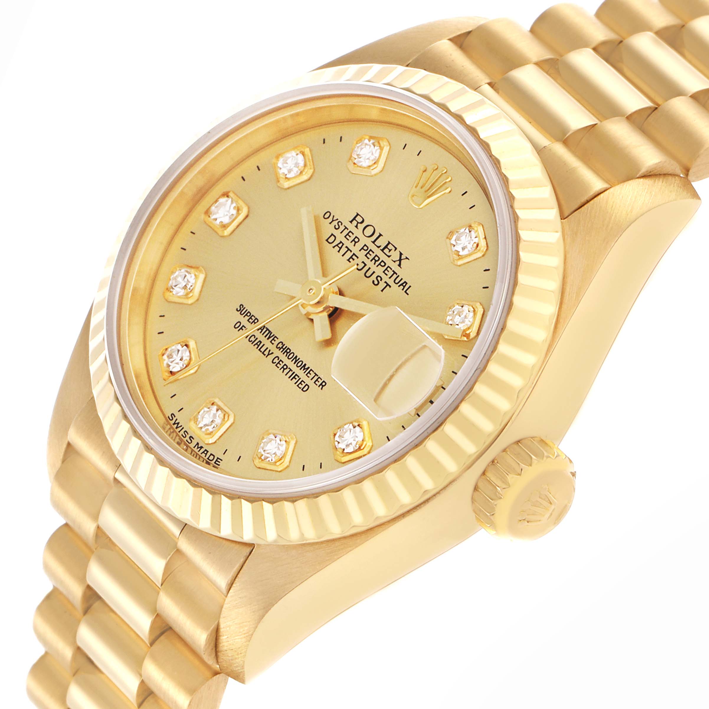 The Rolex President 69178 Women's Yellow Gold Champagne Dial 69178 Women's Yellow Gold Champagne Dial model is shown at an angled side view, displaying the watch dial, fluted bezel, and part of the bracelet.