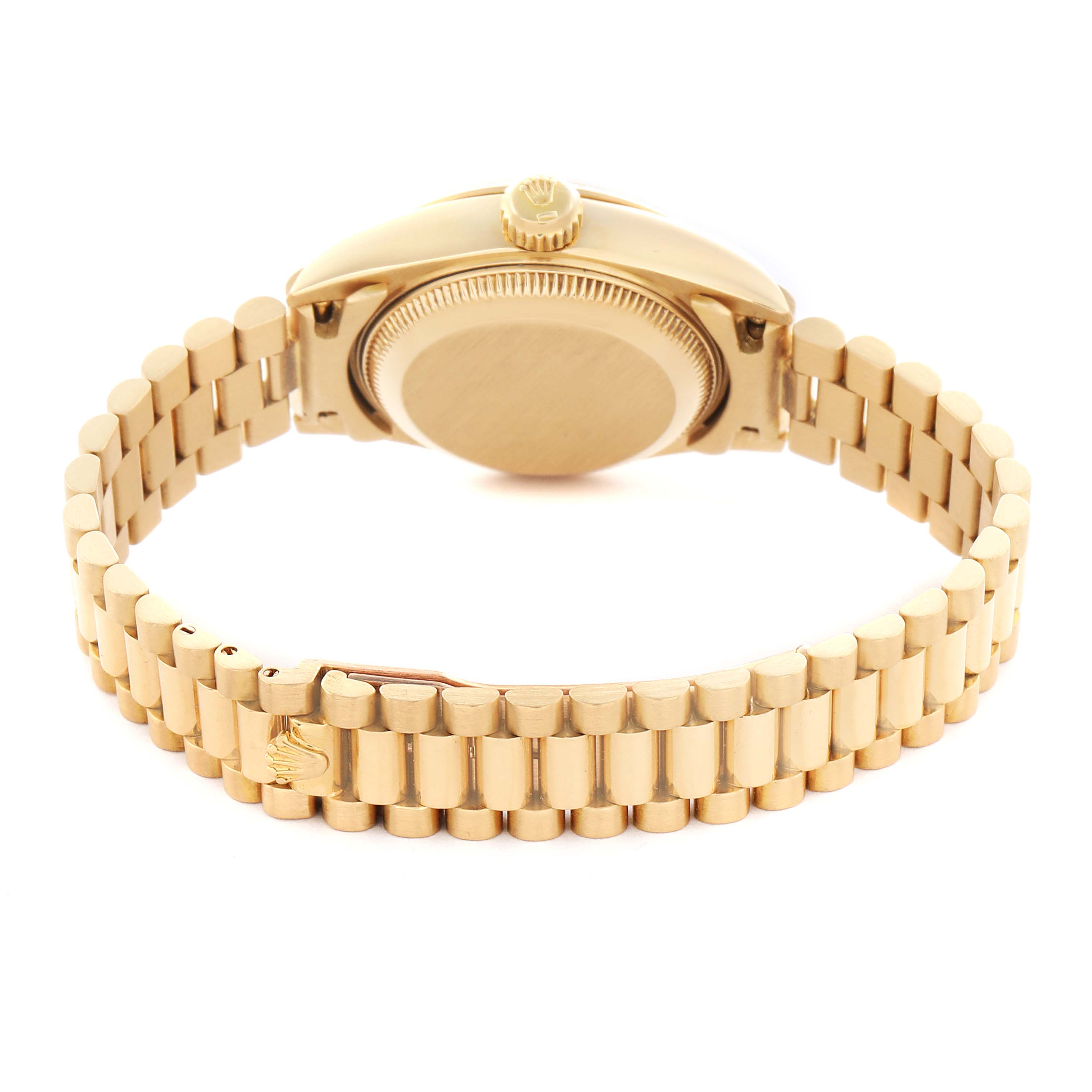 The image shows the back and band of a Rolex President 69178 Women's Yellow Gold Champagne Dial 69178 Women's Yellow Gold Champagne Dial watch, highlighting the clasp and crown at a slight angle.