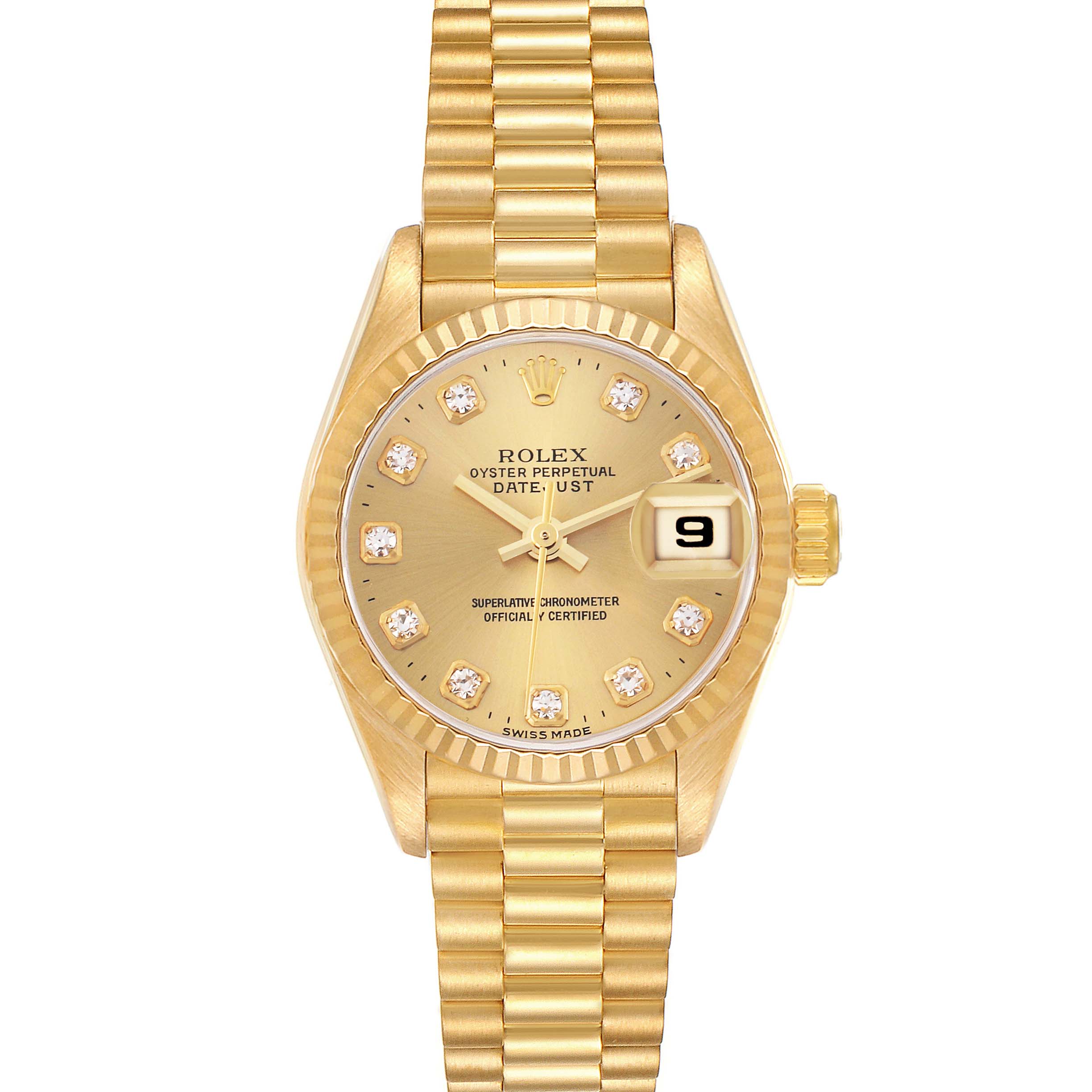 The Rolex President 69178 Women's Yellow Gold Champagne Dial 69178 Women's Yellow Gold Champagne Dial model is shown from a top view, displaying the dial, bezel, bracelet, and crown.