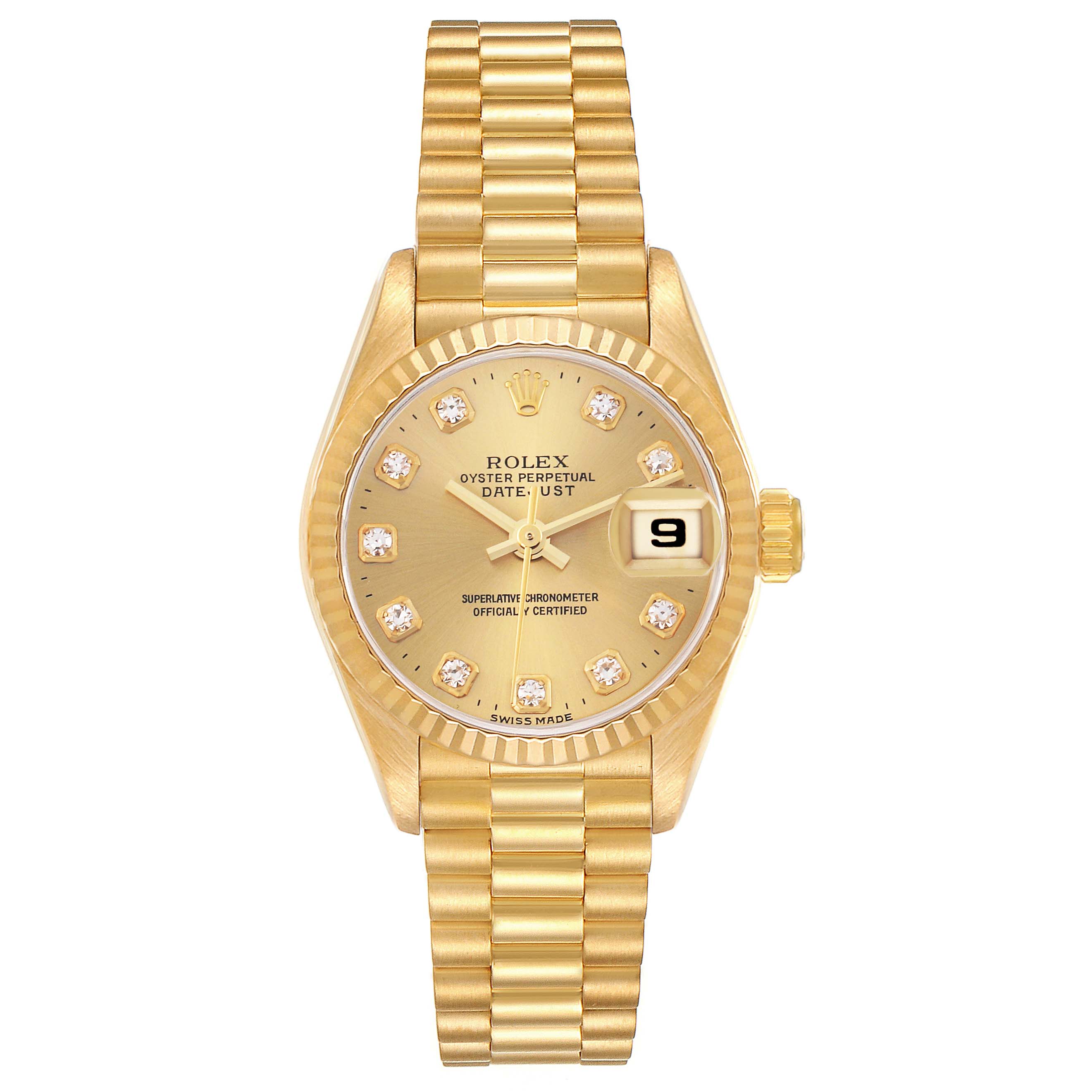 The Rolex President 69178 Women's Yellow Gold Champagne Dial 69178 Women's Yellow Gold Champagne Dial model is shown from a front angle, displaying its gold dial, bezel, and bracelet.