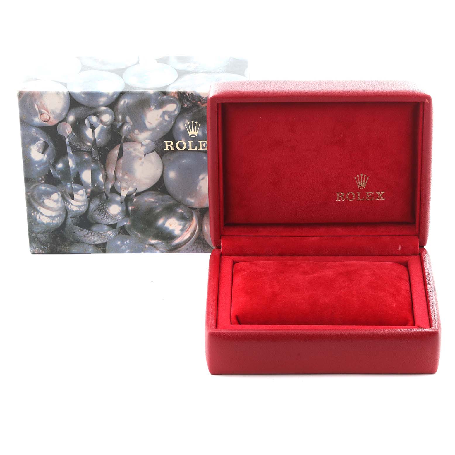 This image shows the Rolex box for the President model, featuring an open red interior and an outer decorative box.