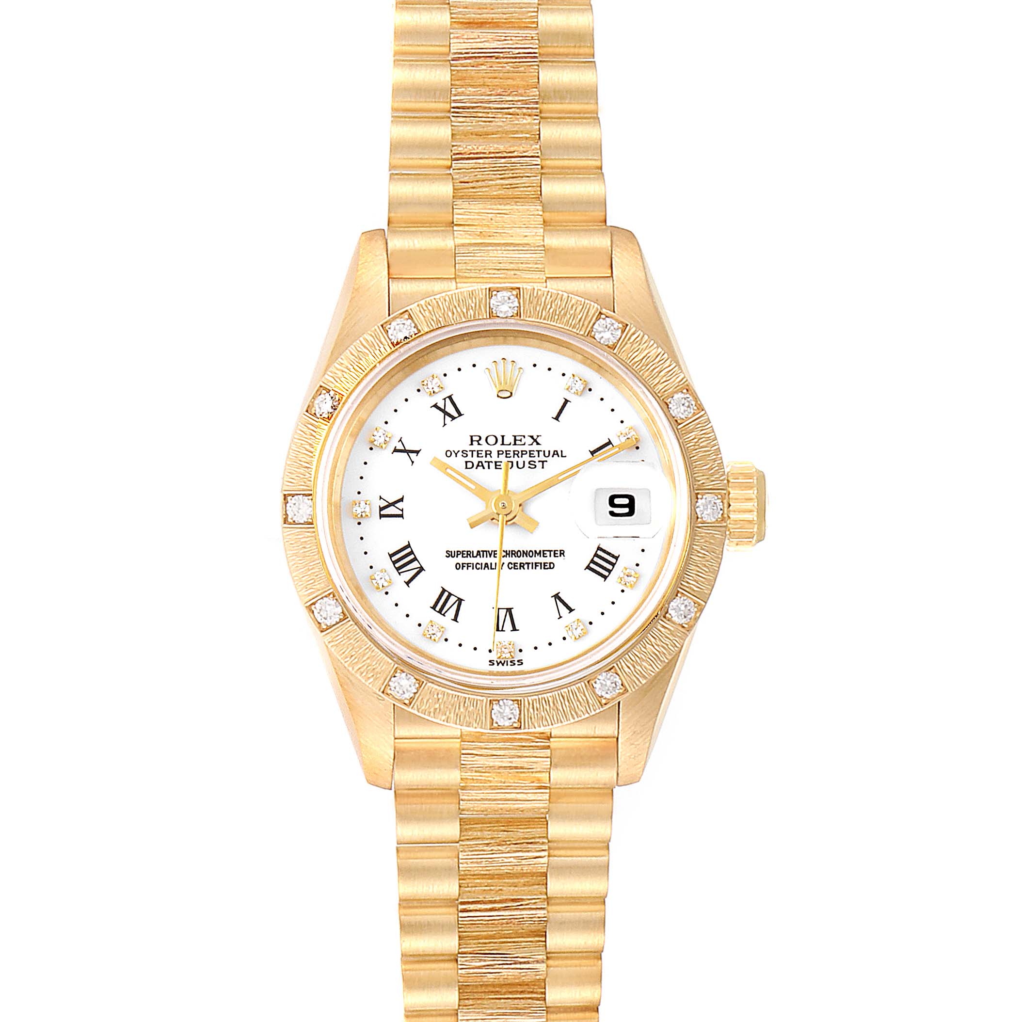 This image shows a frontal view of a Rolex President 69288 Women
s Yellow Gold White Dial 69288 Women
s Yellow Gold White Dial model watch, featuring the dial, bezel, and bracelet.
