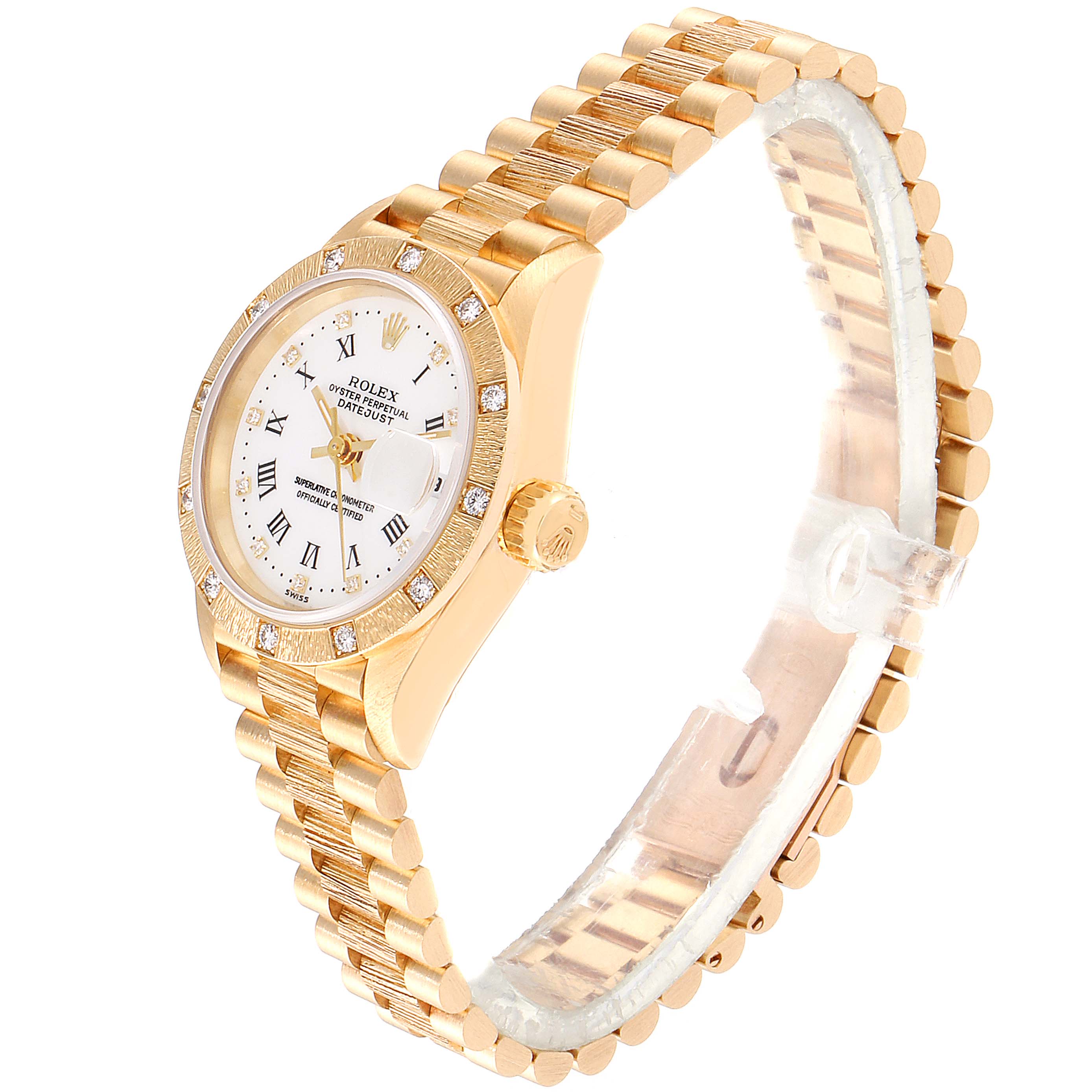 The Rolex President 69288 Women
s Yellow Gold White Dial 69288 Women
s Yellow Gold White Dial model is shown at an angle highlighting the dial, bezel, crown, and bracelet.