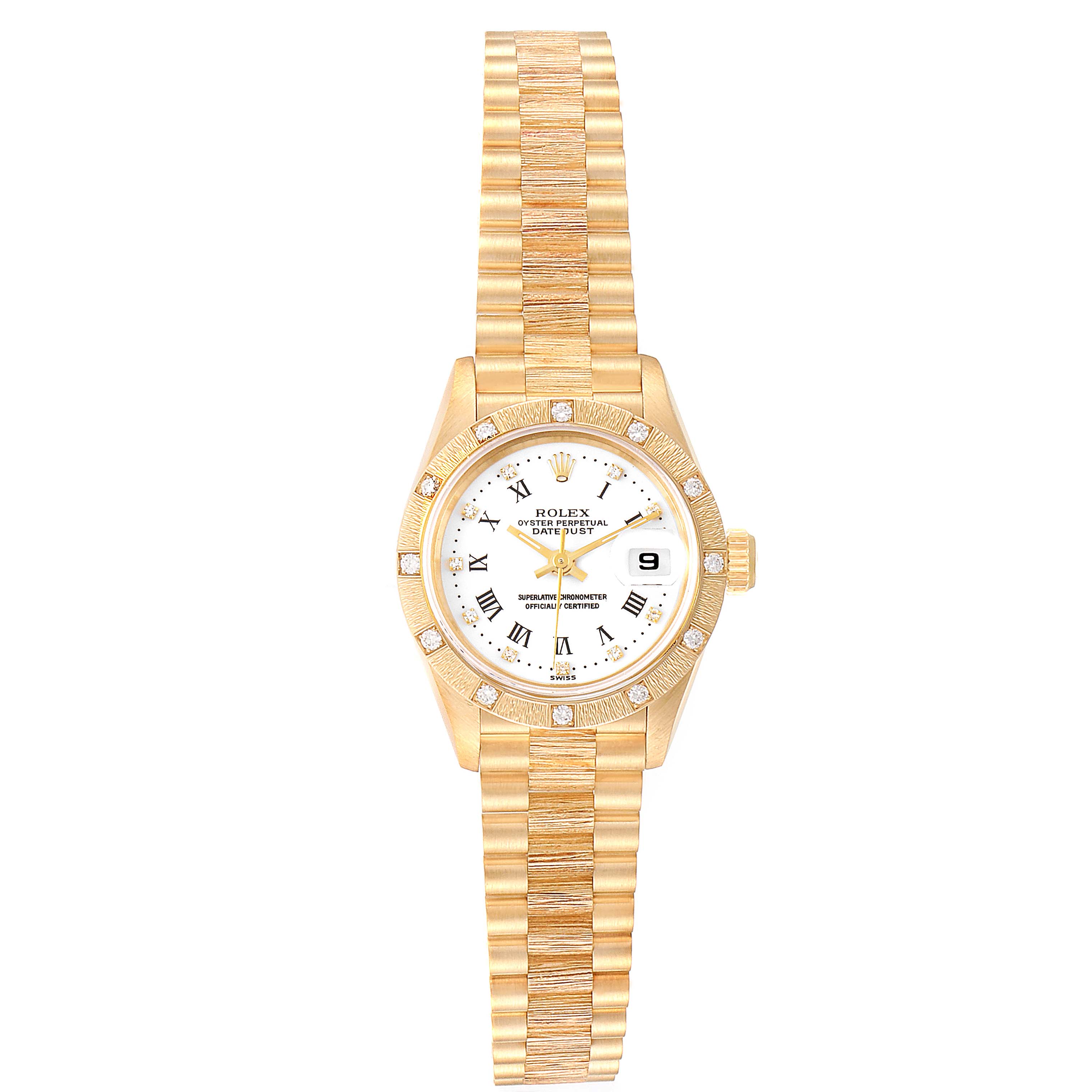 This Rolex President 69288 Women
s Yellow Gold White Dial 69288 Women
s Yellow Gold White Dial model watch is shown from a top-down angle, highlighting its face, bezel, and bracelet.