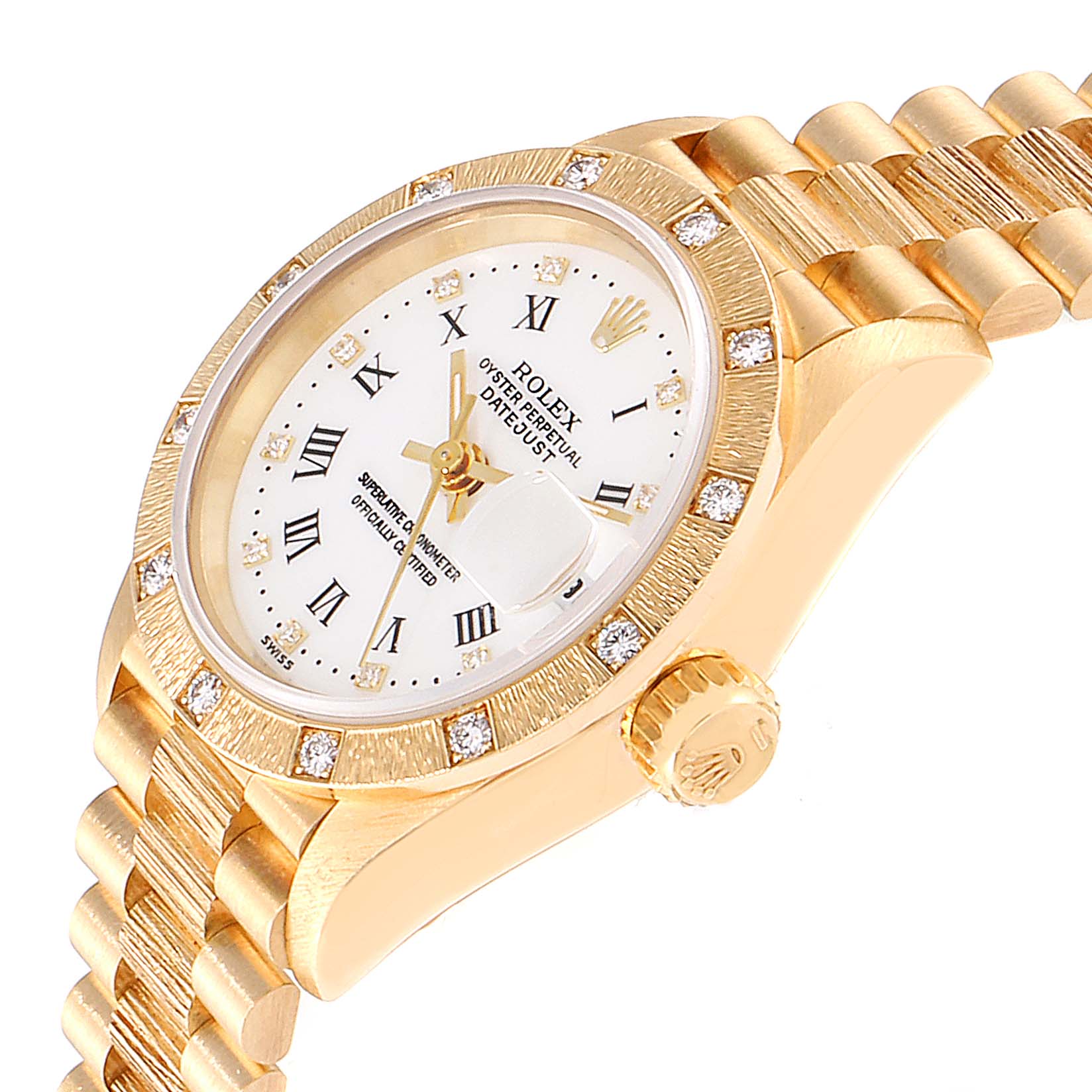 The image shows a close-up side angle of the Rolex President 69288 Women
s Yellow Gold White Dial 69288 Women
s Yellow Gold White Dial model, highlighting its bezel, dial, and bracelet.