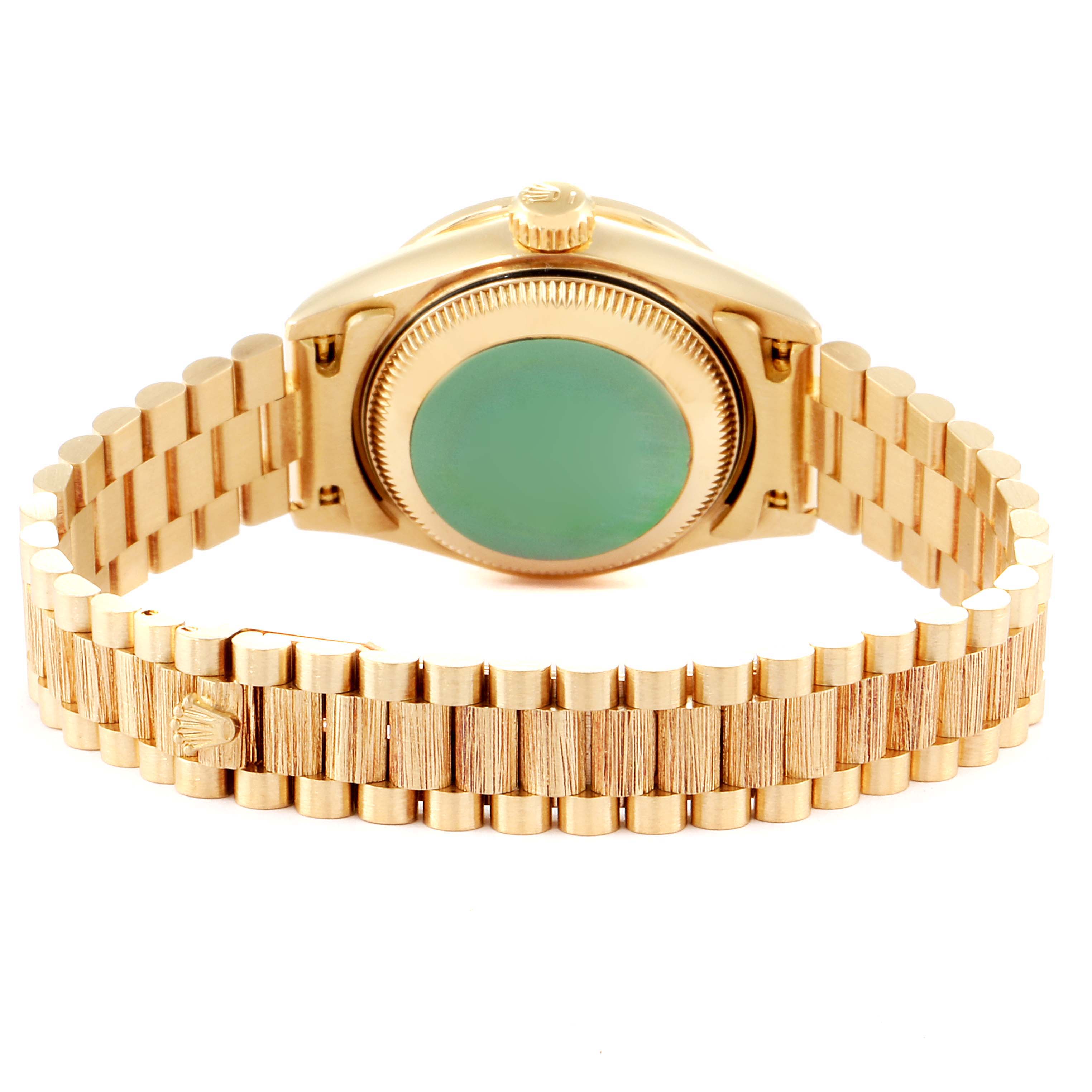 This image shows the back case and band of a Rolex President 69288 Women
s Yellow Gold White Dial 69288 Women
s Yellow Gold White Dial watch, photographed from the rear angle.