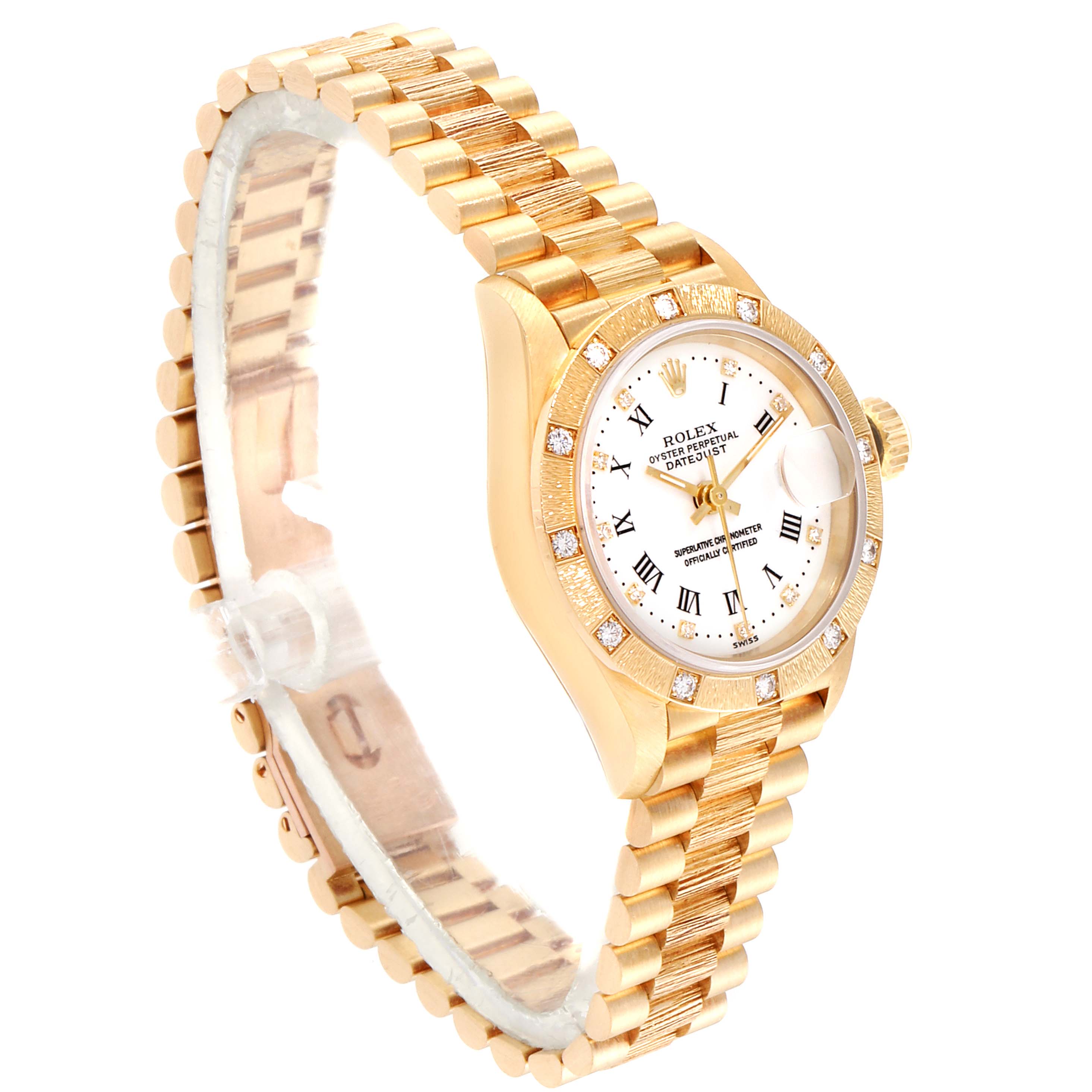 The Rolex President 69288 Women
s Yellow Gold White Dial 69288 Women
s Yellow Gold White Dial watch is shown at a three-quarter angle, displaying its gold band, bezel with diamonds, and white dial with Roman numerals.