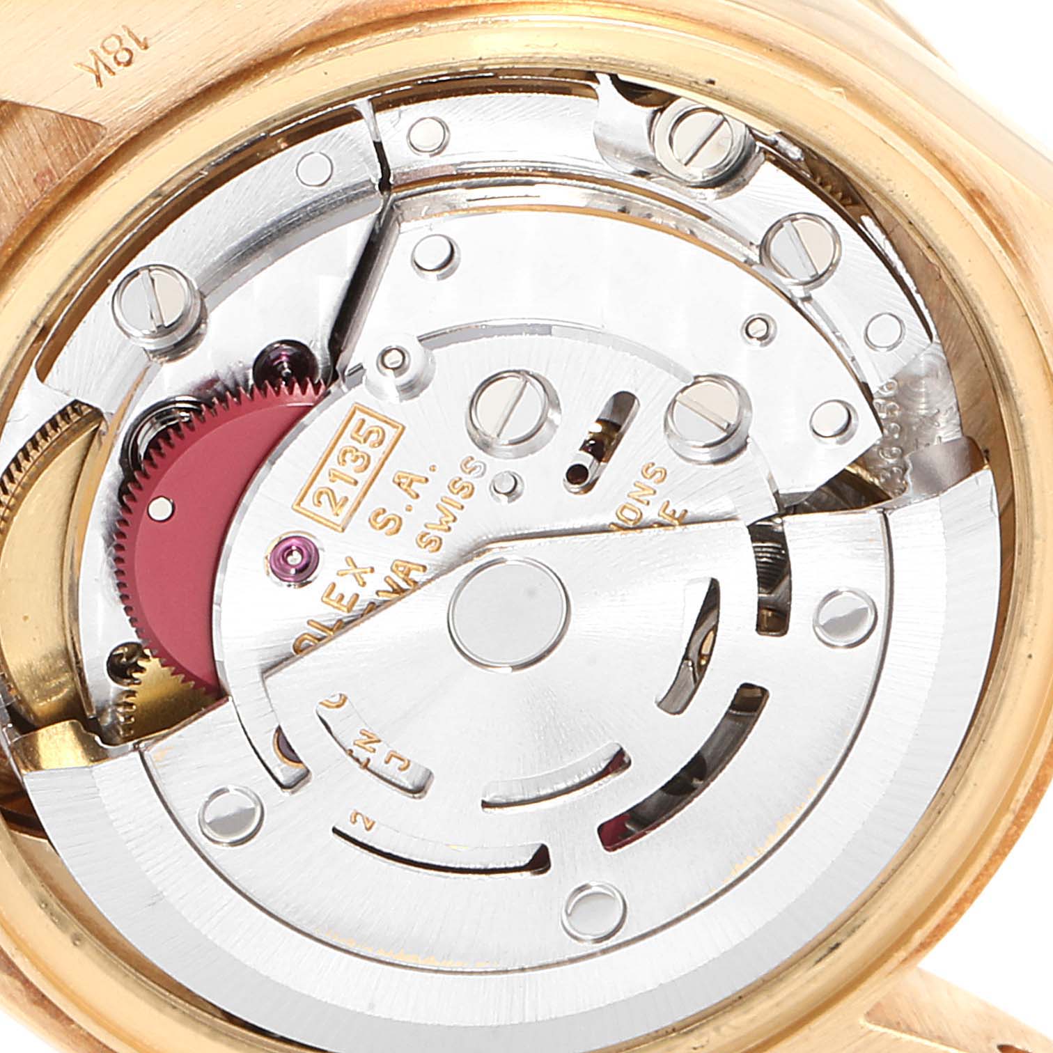 This image shows the inner mechanical movement of a Rolex President 69288 Women
s Yellow Gold White Dial 69288 Women
s Yellow Gold White Dial model watch from the back angle, featuring gears and the rotor.