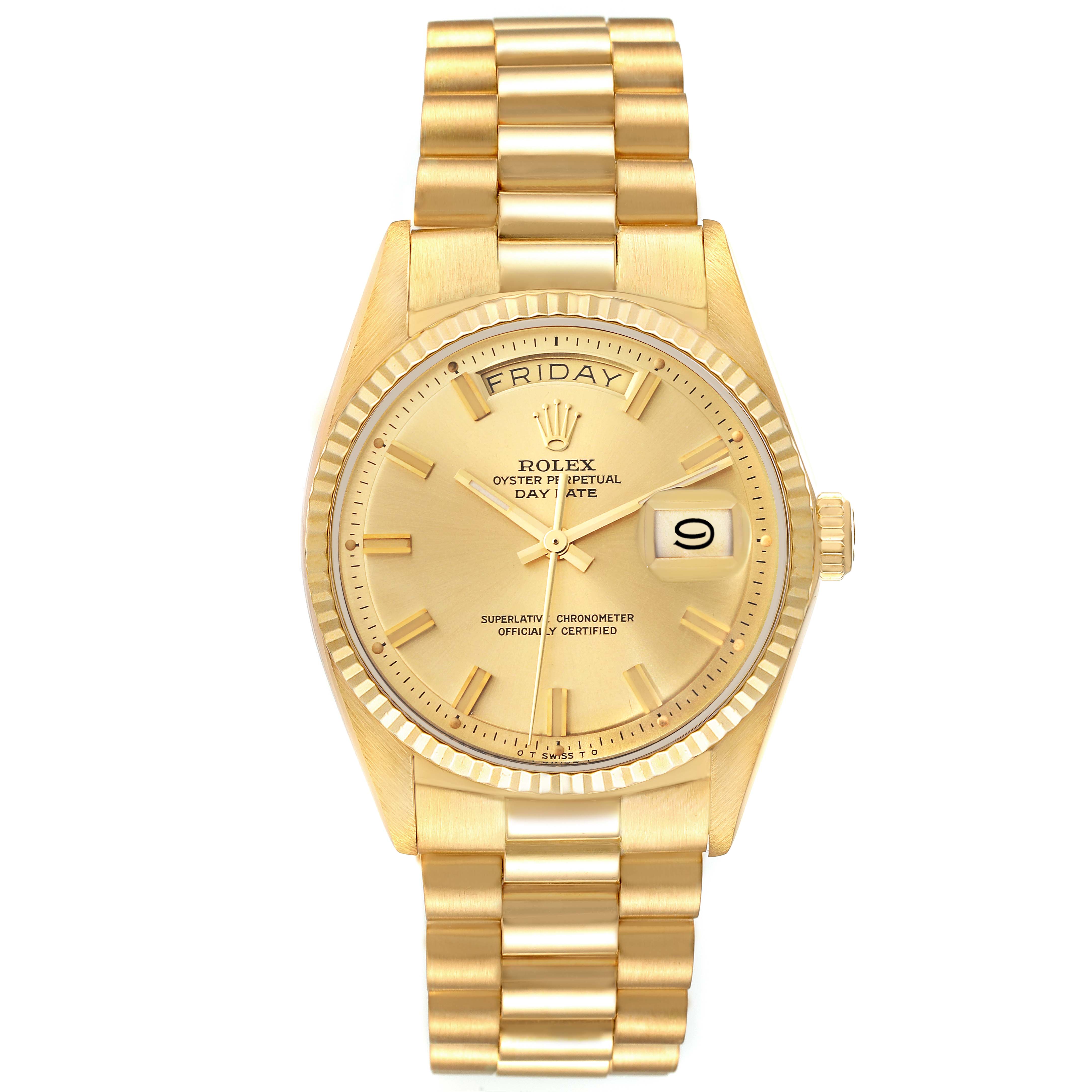 This image shows a frontal view of the Vintage Collection Rolex Oyster Perpetual Day-Date watch in gold.