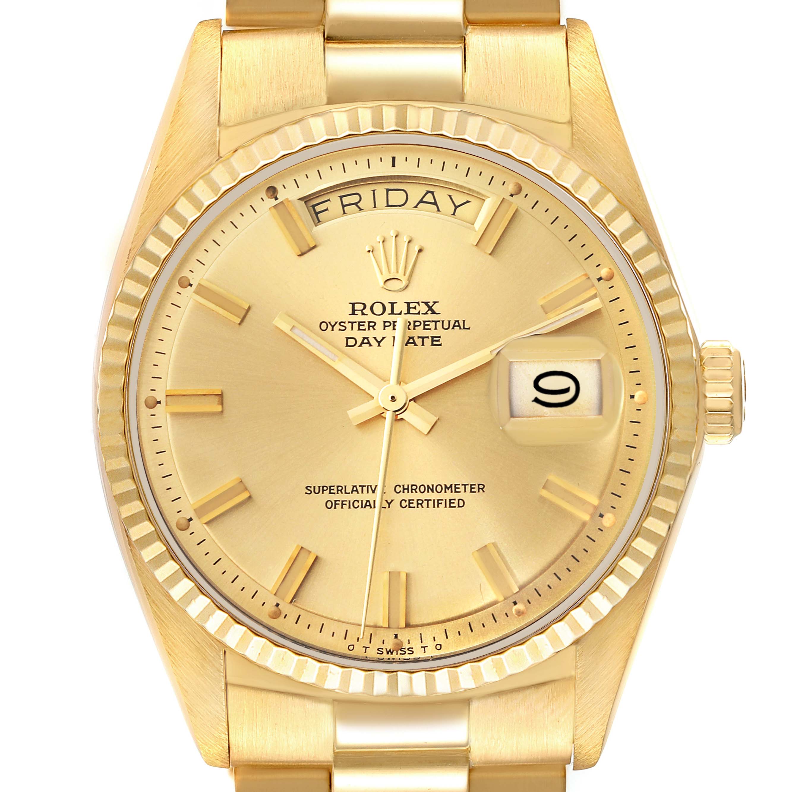 Front view of a Rolex Vintage Collection 1803 Men's Yellow Gold Champagne Dial 1803 Men's Yellow Gold Champagne Dial model watch displaying the dial, day, and date.