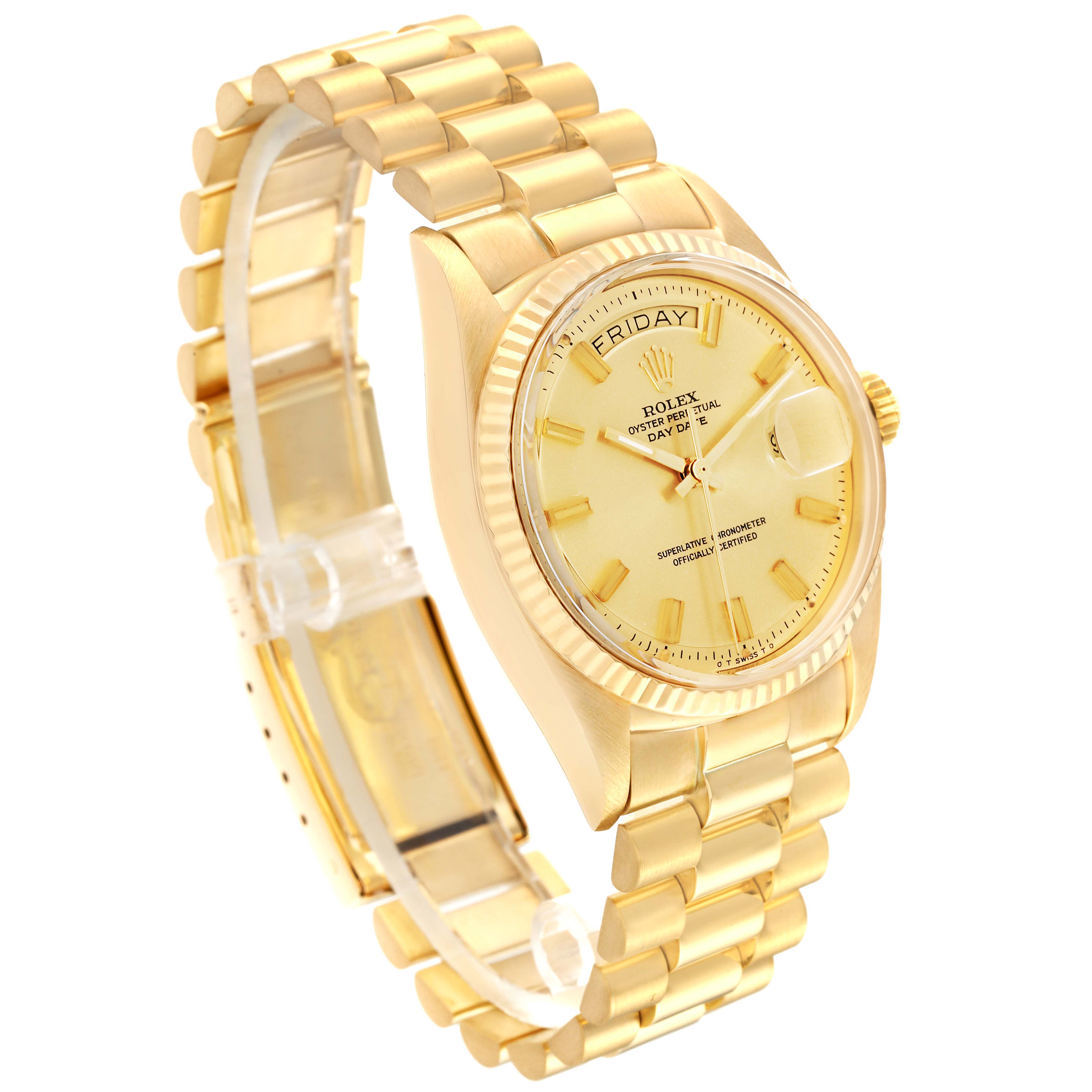 This image shows a side angle view of the Rolex Vintage Collection 1803 Men's Yellow Gold Champagne Dial 1803 Men's Yellow Gold Champagne Dial model watch, featuring its face, band, and crown.