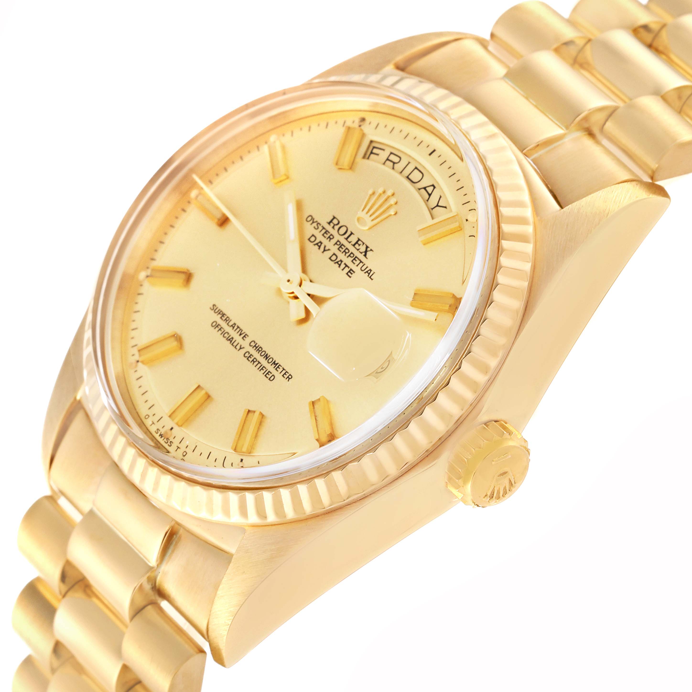 The Rolex Vintage Collection 1803 Men's Yellow Gold Champagne Dial 1803 Men's Yellow Gold Champagne Dial model is shown at an angled close-up, highlighting the dial, crown, and part of the bracelet.