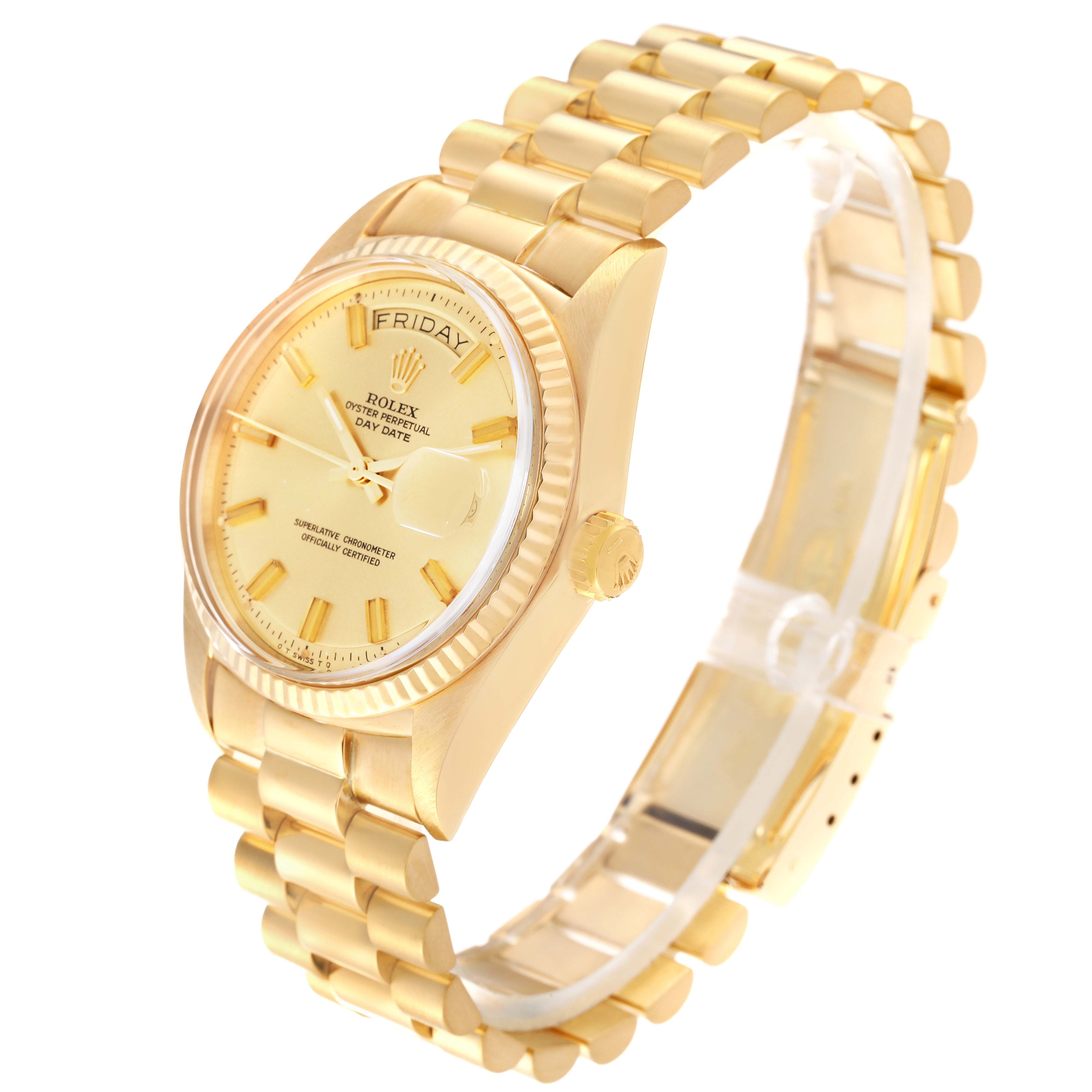 The Rolex Vintage Collection 1803 Men's Yellow Gold Champagne Dial 1803 Men's Yellow Gold Champagne Dial watch is shown at an angled front view, displaying its face, crown, and gold bracelet.