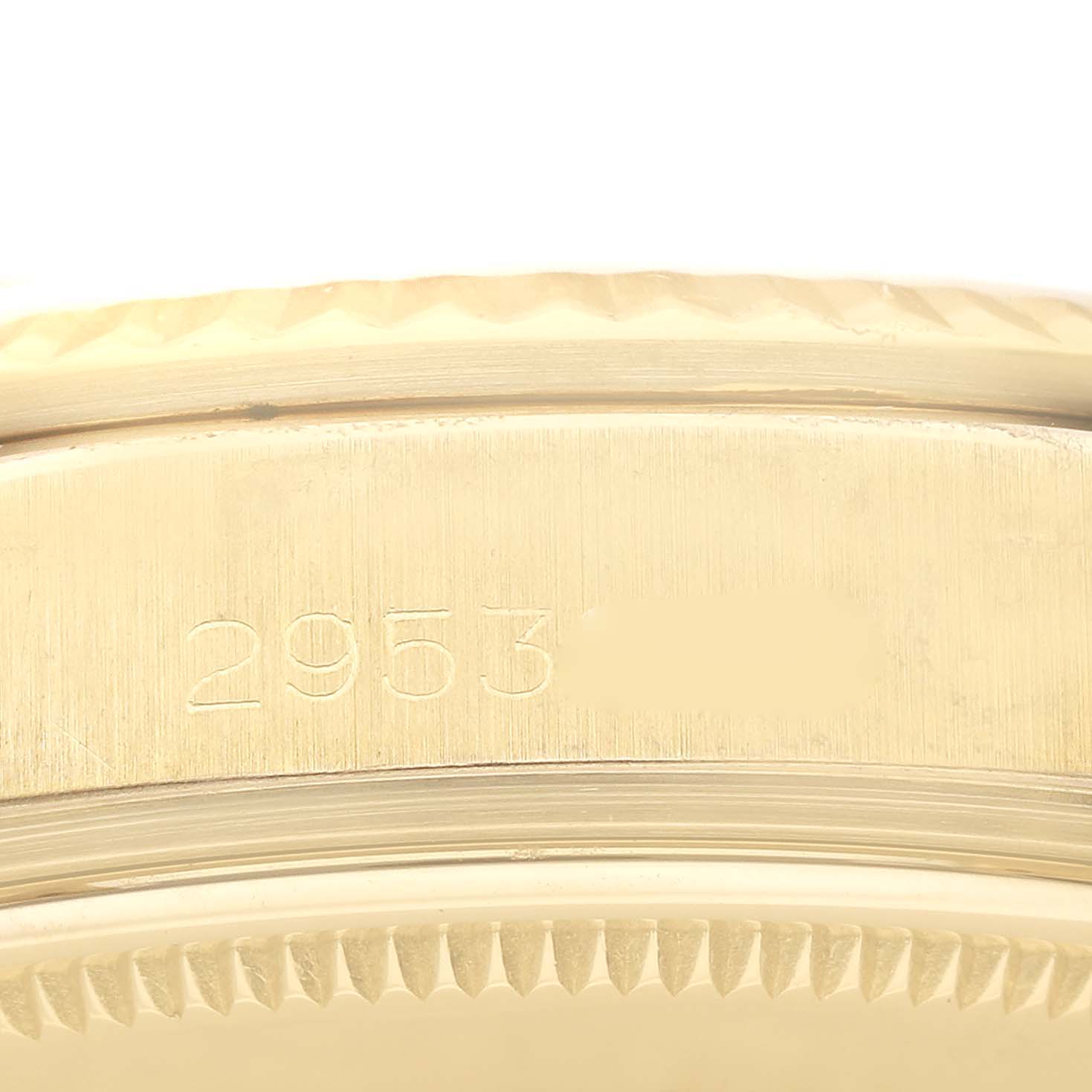 The image shows a close-up of the case side with a serial number engraved on the Rolex Vintage Collection 1803 Men's Yellow Gold Champagne Dial 1803 Men's Yellow Gold Champagne Dial model watch.