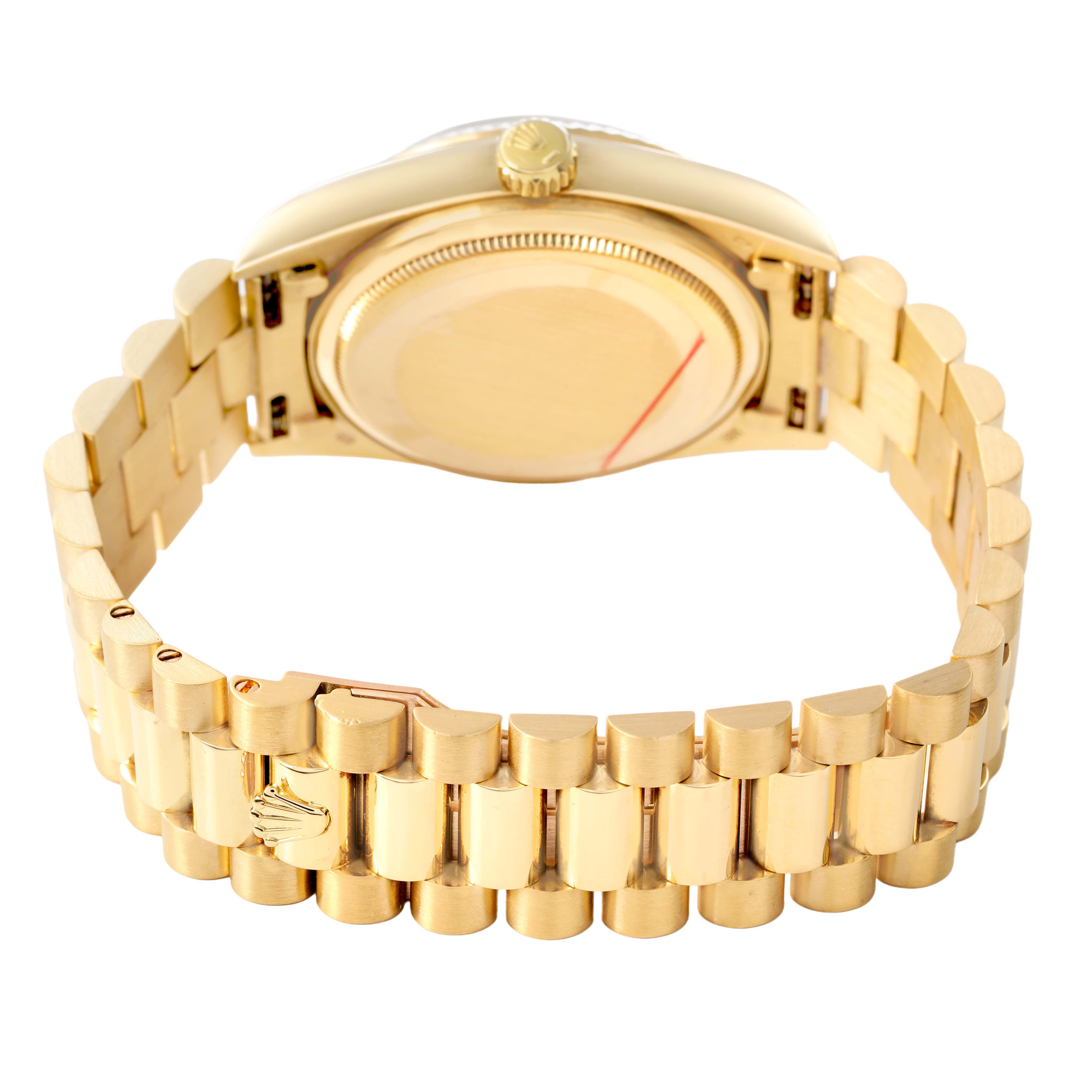 The Rolex President 18038 Men's Yellow Gold Champagne Dial watch is shown from the rear, highlighting the bracelet and case back.