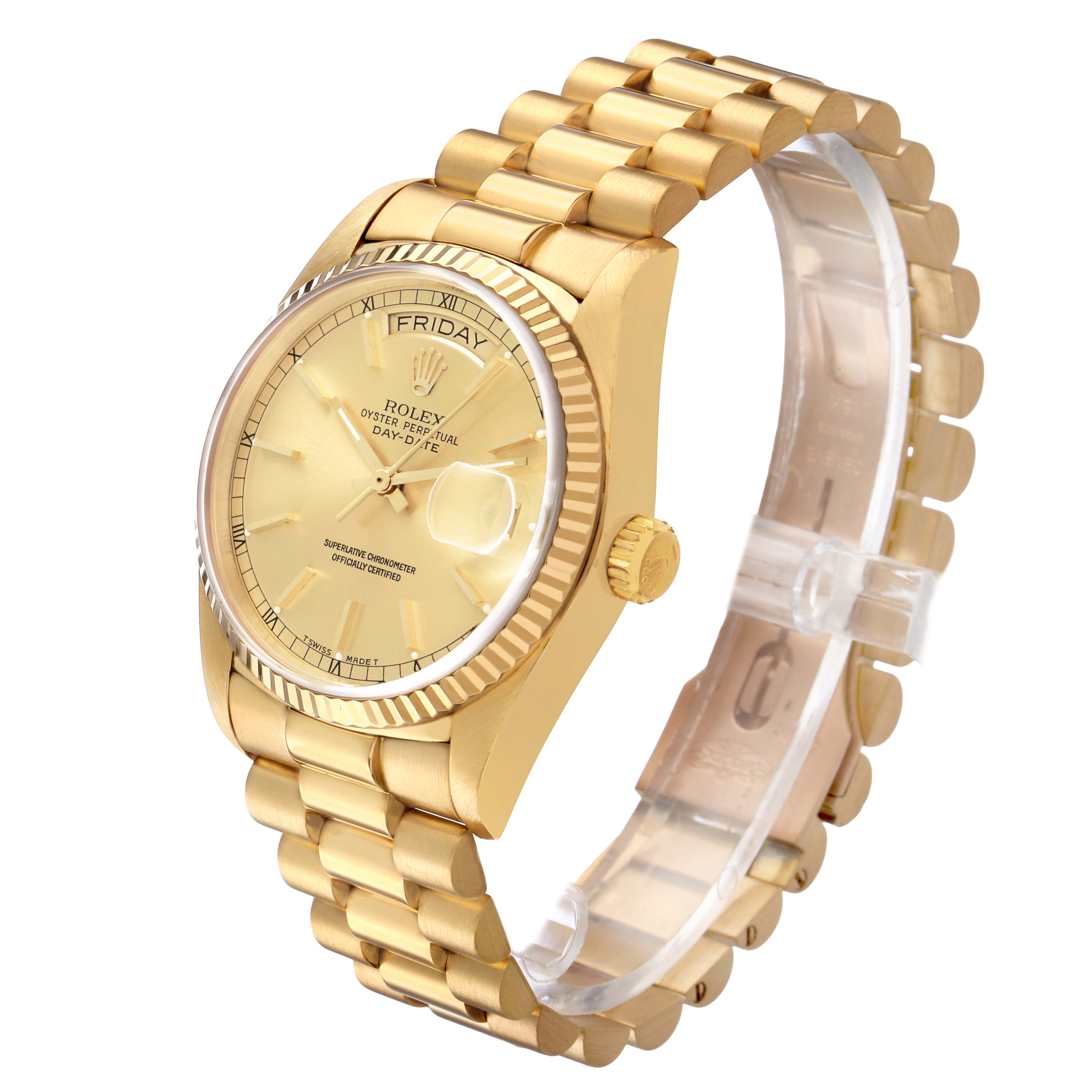 The Rolex President 18038 Men's Yellow Gold Champagne Dial watch is shown at a slight angle highlighting the face, crown, and part of the gold bracelet.