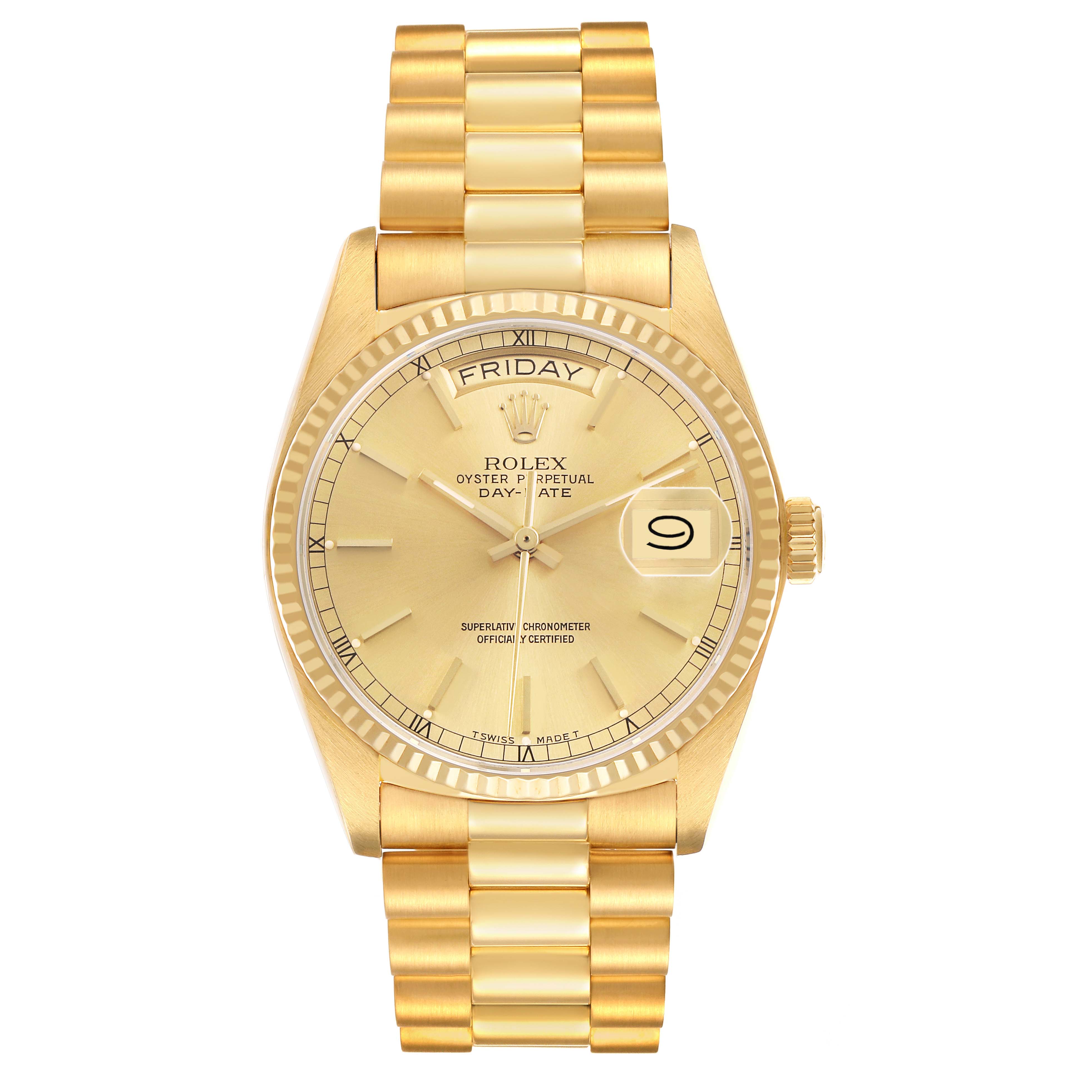 The Rolex President 18038 Men's Yellow Gold Champagne Dial model watch is shown from a top-down angle, featuring its gold bracelet, dial, and day-date display.