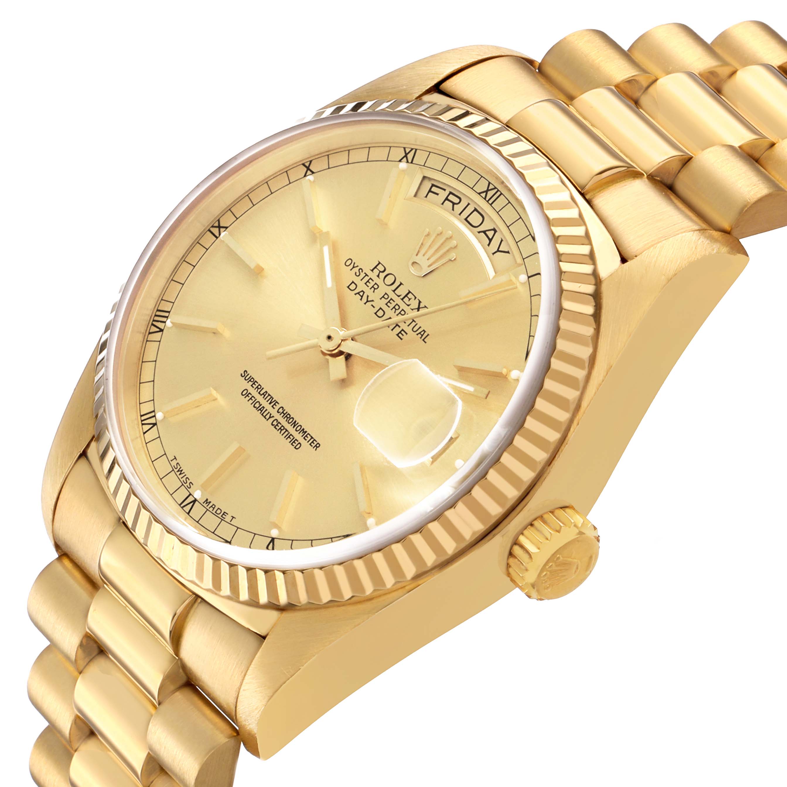 The Rolex President 18038 Men's Yellow Gold Champagne Dial watch is shown at an angled side view, displaying the dial, crown, and part of the bracelet.