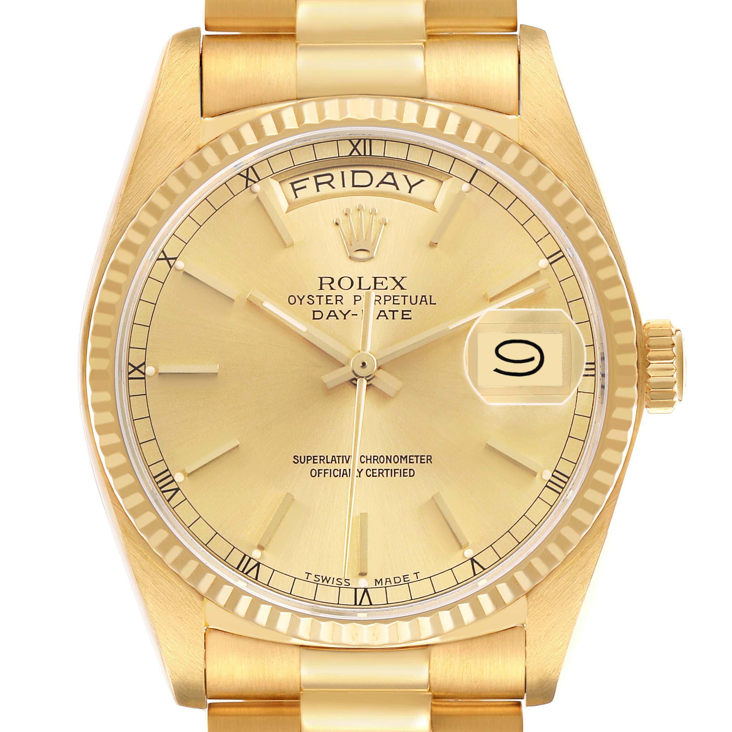 The Rolex President 18038 Men's Yellow Gold Champagne Dial watch is shown from the front, displaying the dial, day-date feature, crown, and part of the bracelet.