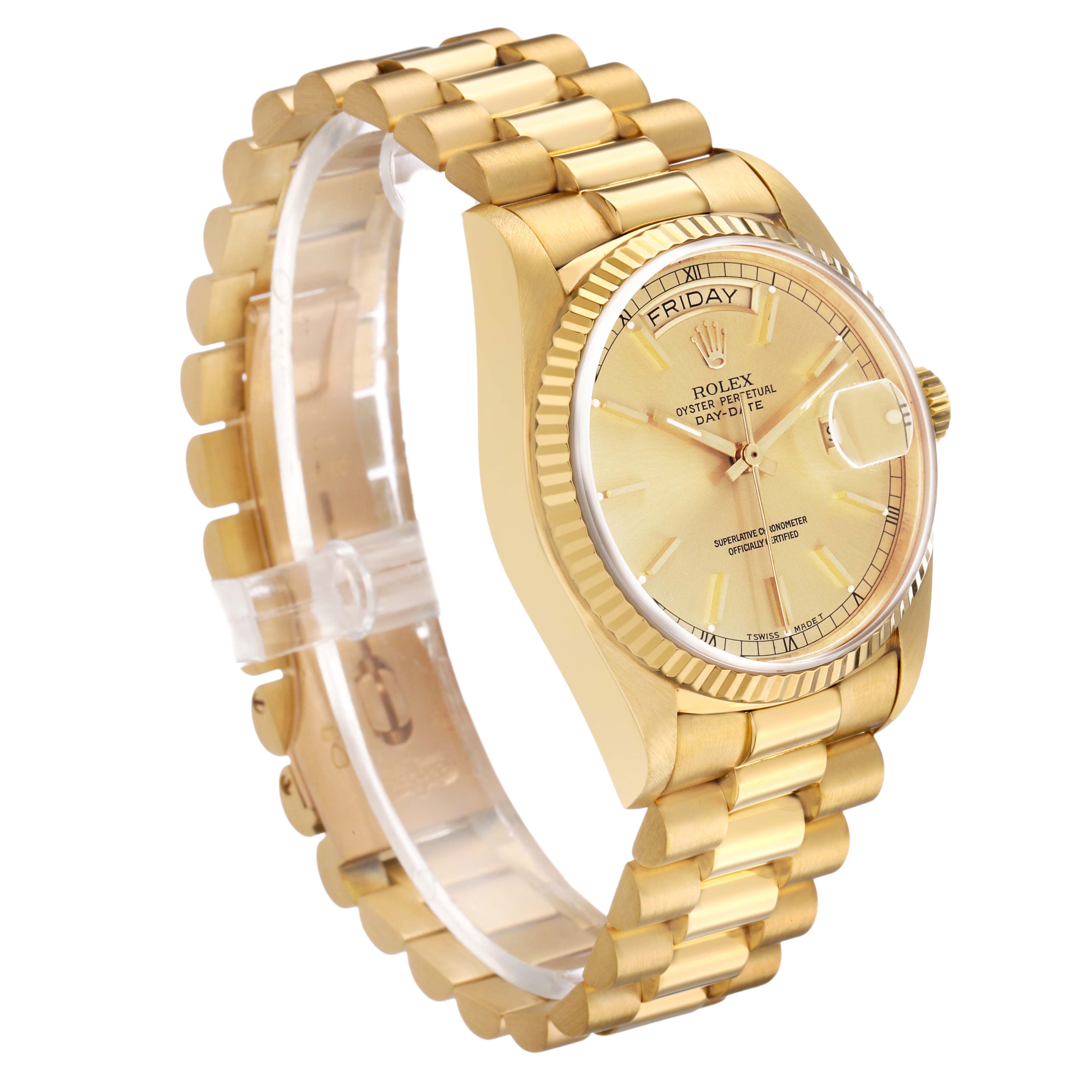 The Rolex President 18038 Men's Yellow Gold Champagne Dial model watch is shown at a three-quarter angle, displaying the bracelet, bezel, dial, and day-date windows.