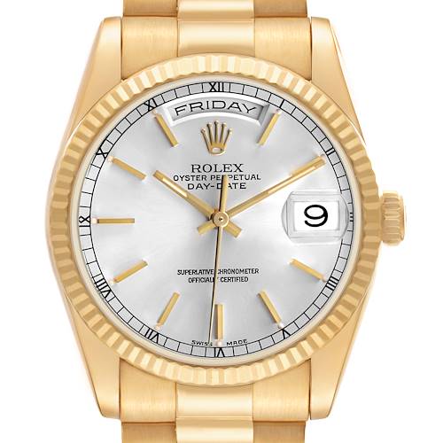 The Rolex President 118238 Men's Yellow Gold Silver Dial model watch is shown from the front, highlighting its dial, day-date feature, and gold bracelet.