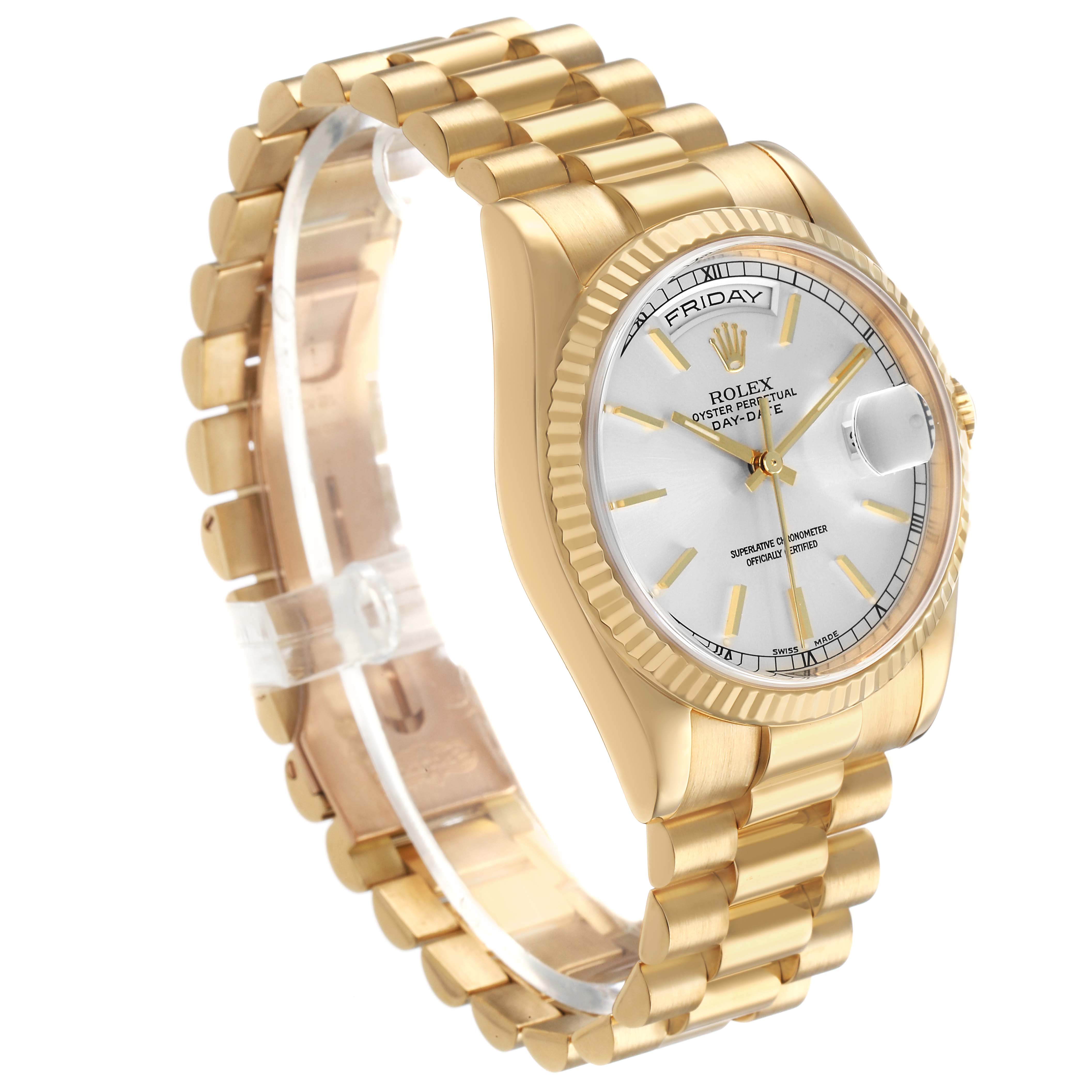 The Rolex President 118238 Men's Yellow Gold Silver Dial watch is shown at a 3/4 angle, displaying the dial, fluted bezel, bracelet, and crown.