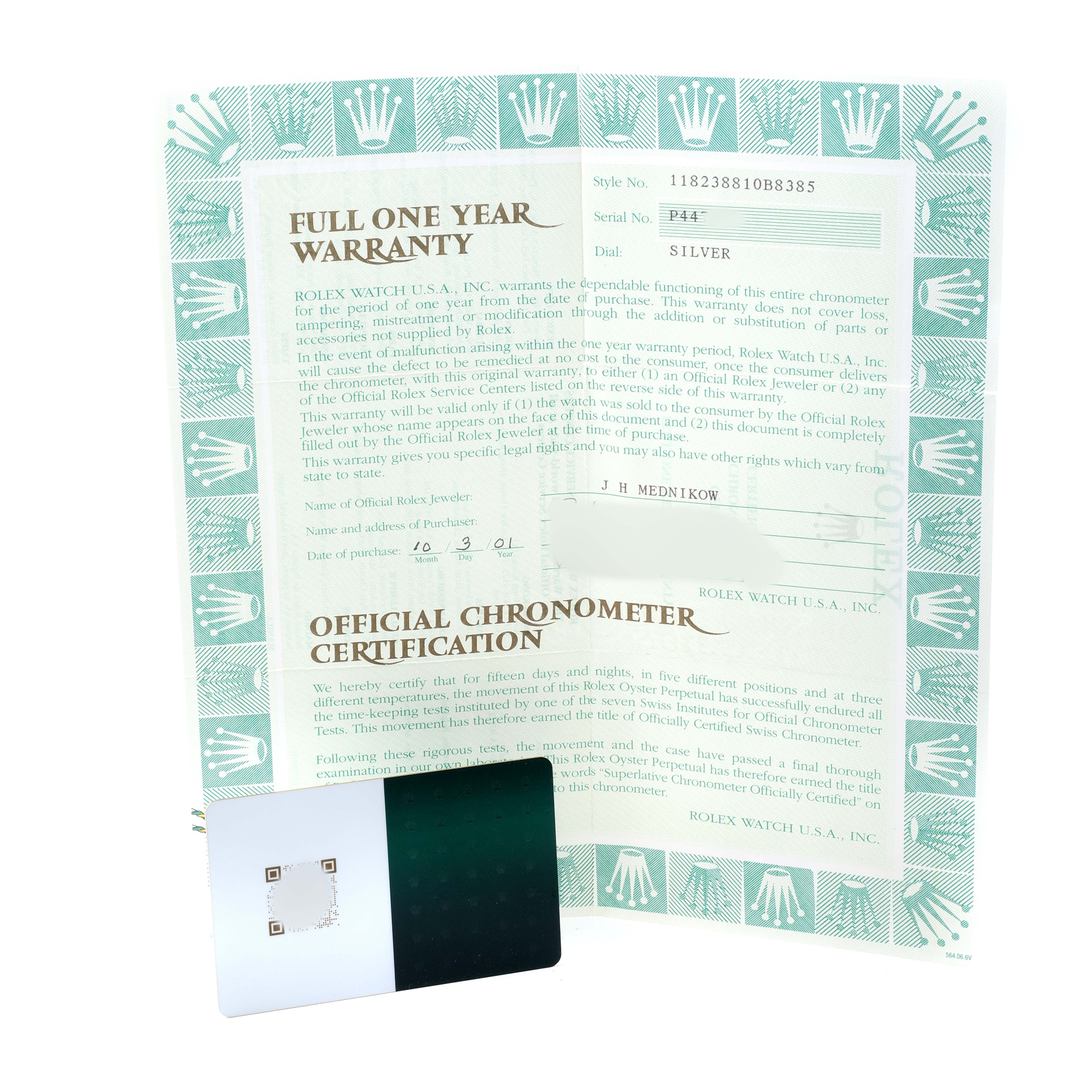 The image shows a Rolex President 118238 Men's Yellow Gold Silver Dial model warranty certificate and official chronometer certification, along with an ID card.