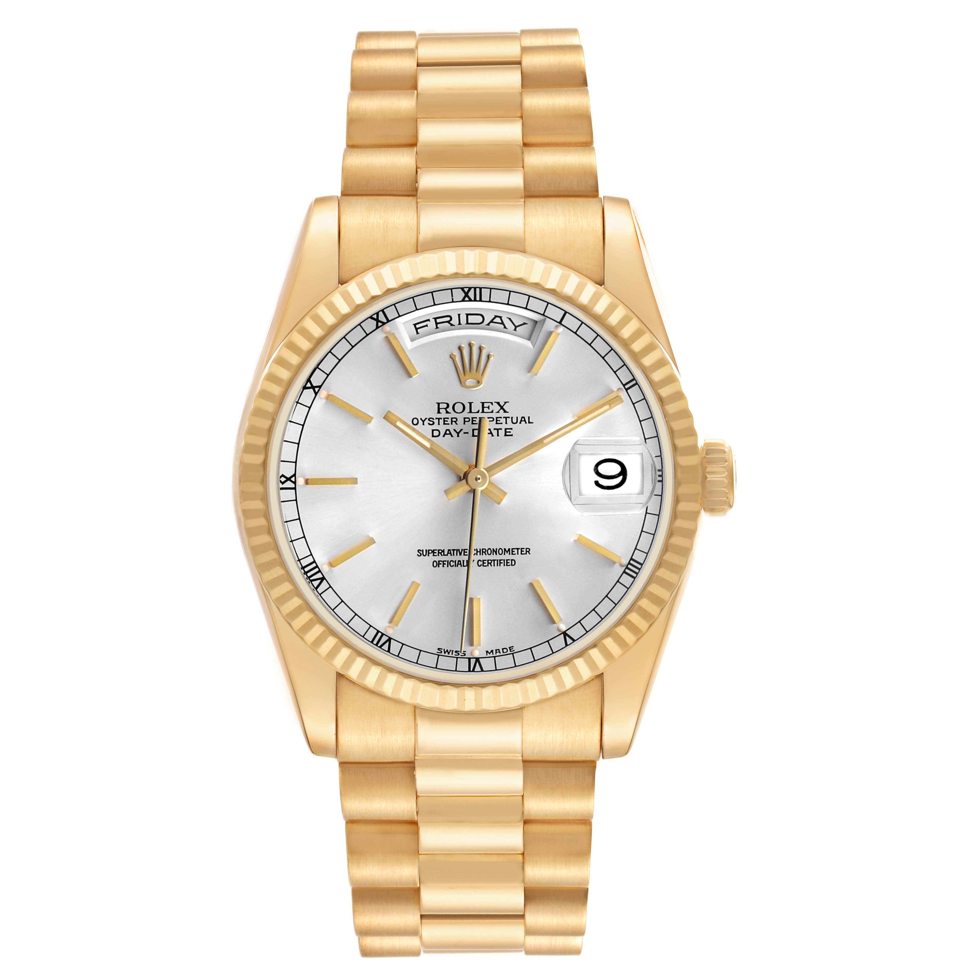 The Rolex President 118238 Men's Yellow Gold Silver Dial model is shown from a front angle, displaying its face, bezel, bracelet, and crown.