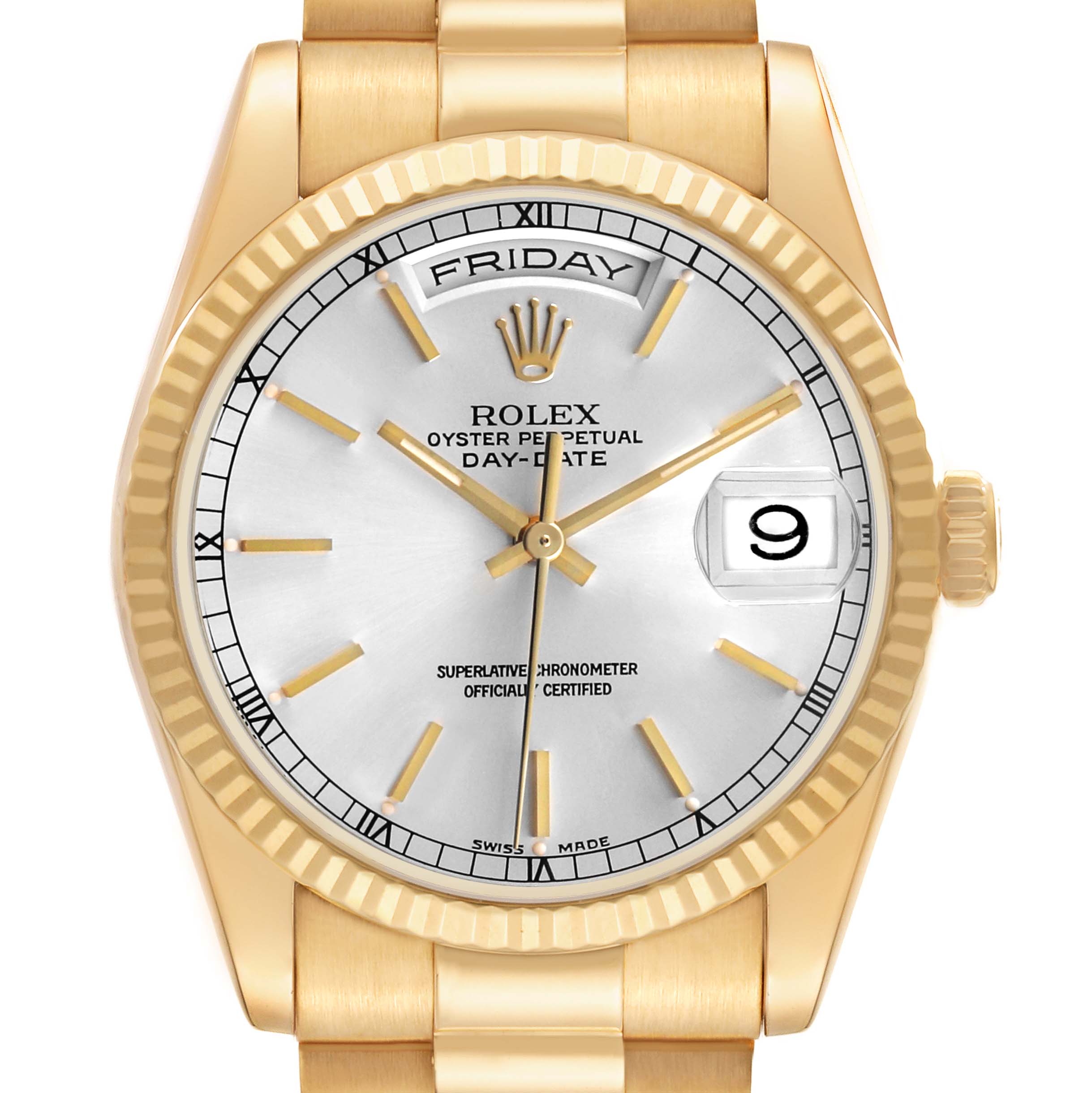 The Rolex President 118238 Men's Yellow Gold Silver Dial watch is shown from the front, displaying the dial, day, and date features.