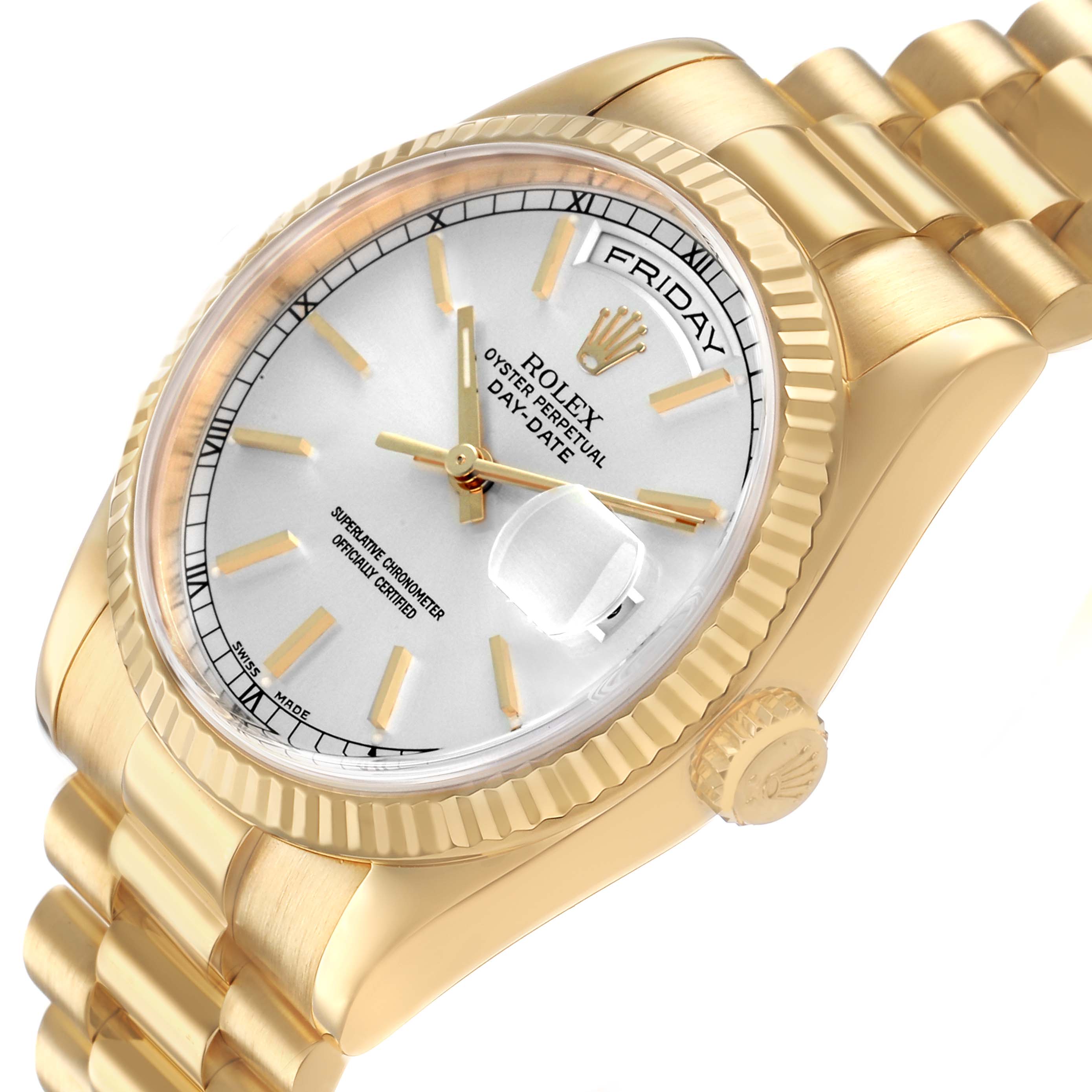 The Rolex President 118238 Men's Yellow Gold Silver Dial model watch is shown at a slight angle, displaying the dial, fluted bezel, crown, and the President bracelet.